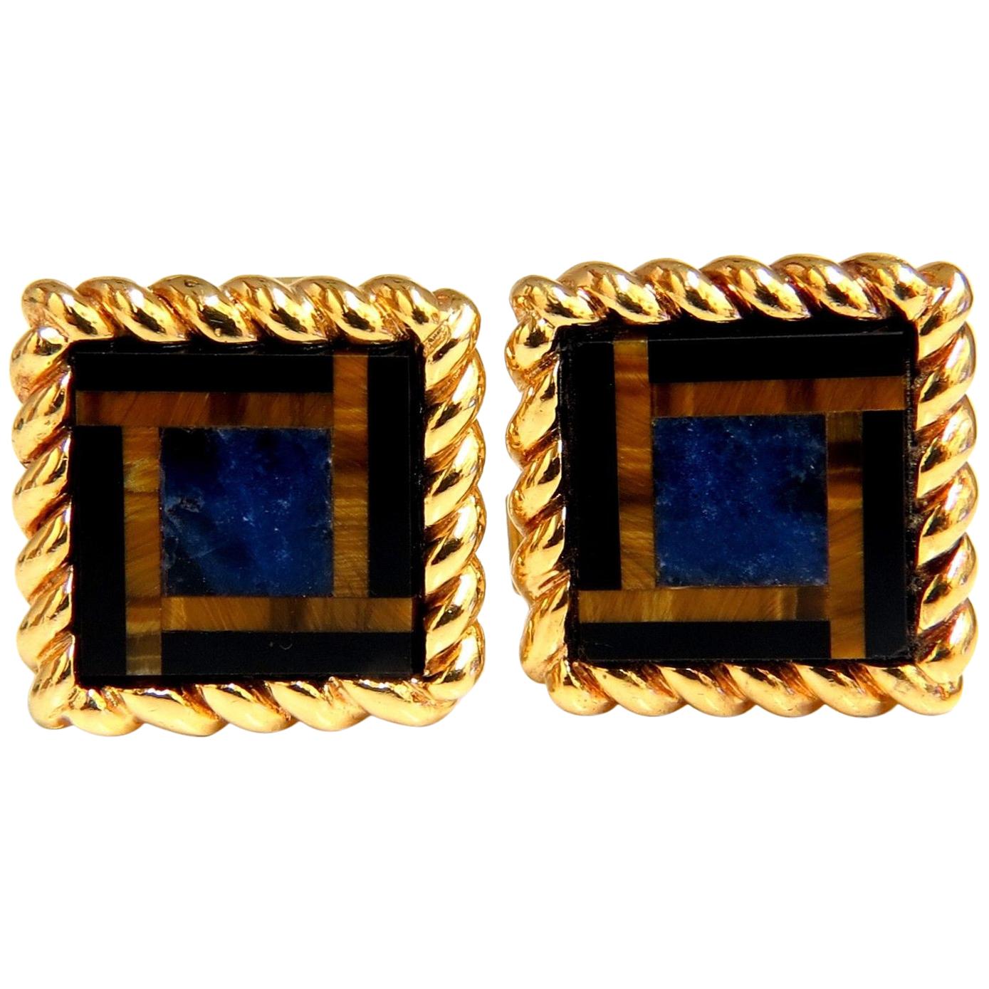 Boutons de manchette torsadés en or 14 carats incrustés d'onyx, de lapis et d'œil de tigre