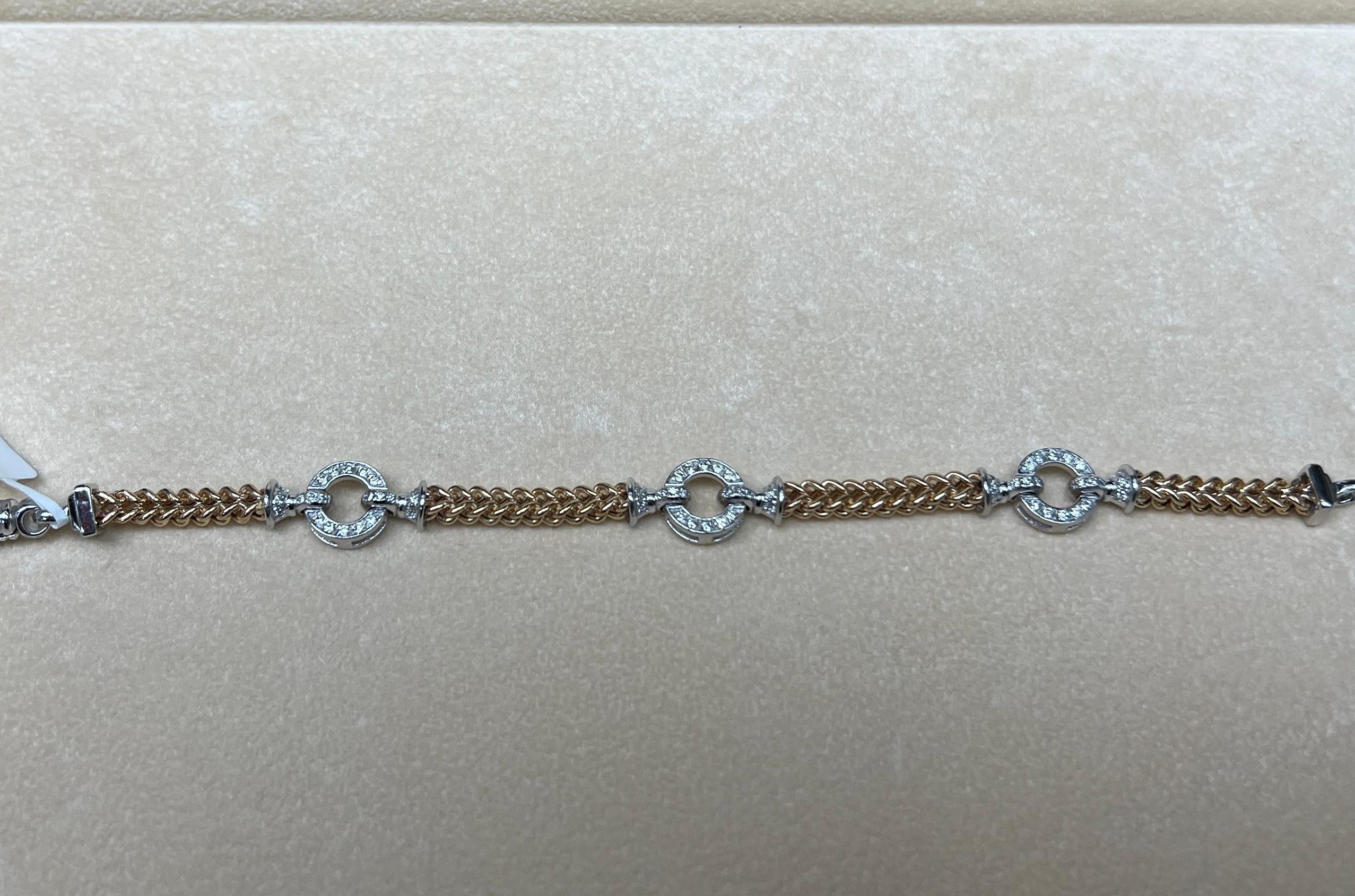 Taille ronde Bracelet corde italien en or bicolore 14 carats avec diamants blancs naturels en vente