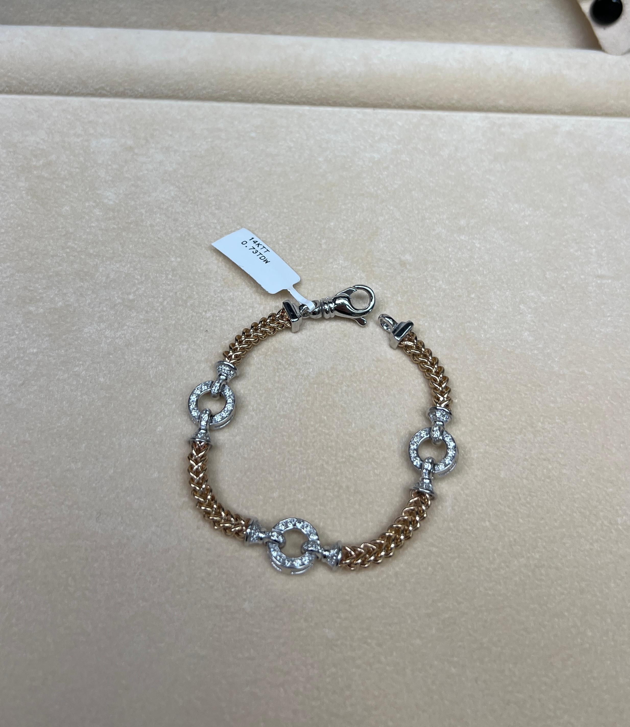 Bracelet corde italien en or bicolore 14 carats avec diamants blancs naturels Neuf - En vente à New York, NY