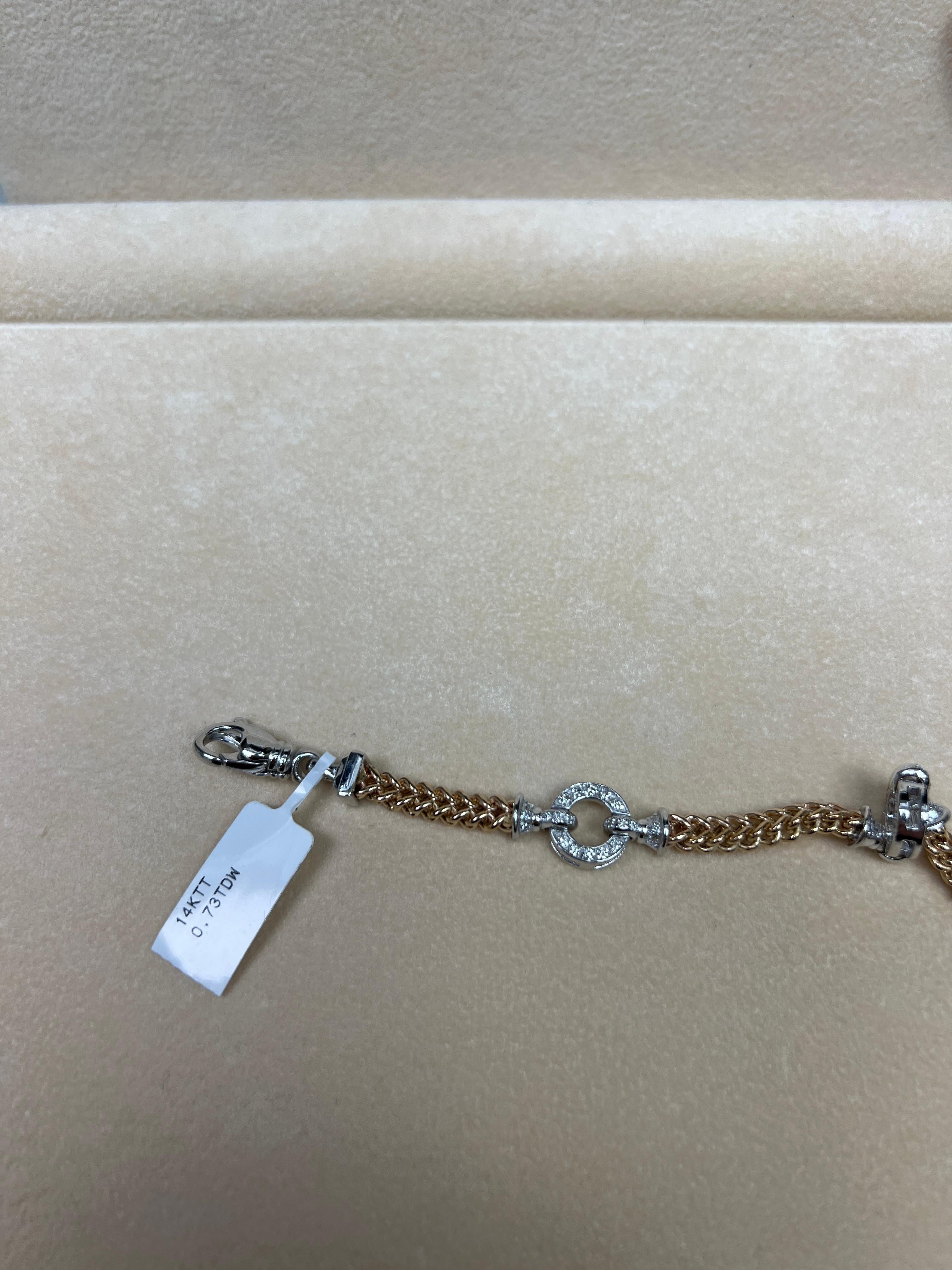 Women's or Men's 14 Karat Italian Two-Tone Gold Rope Bracelet with Natural White Diamonds For Sale