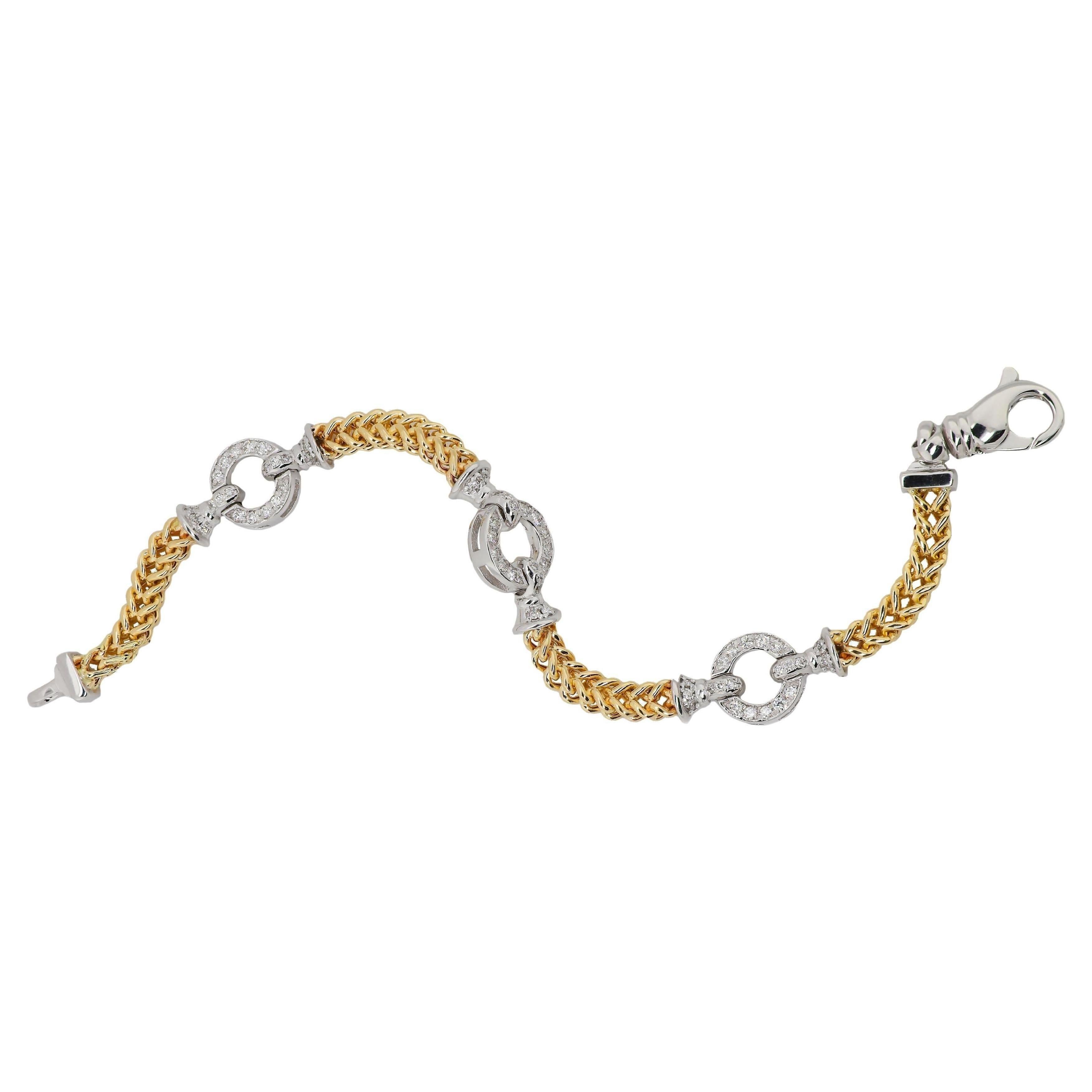 14 Karat Italian Two-Tone Gold Rope Bracelet with Natural White Diamonds For Sale