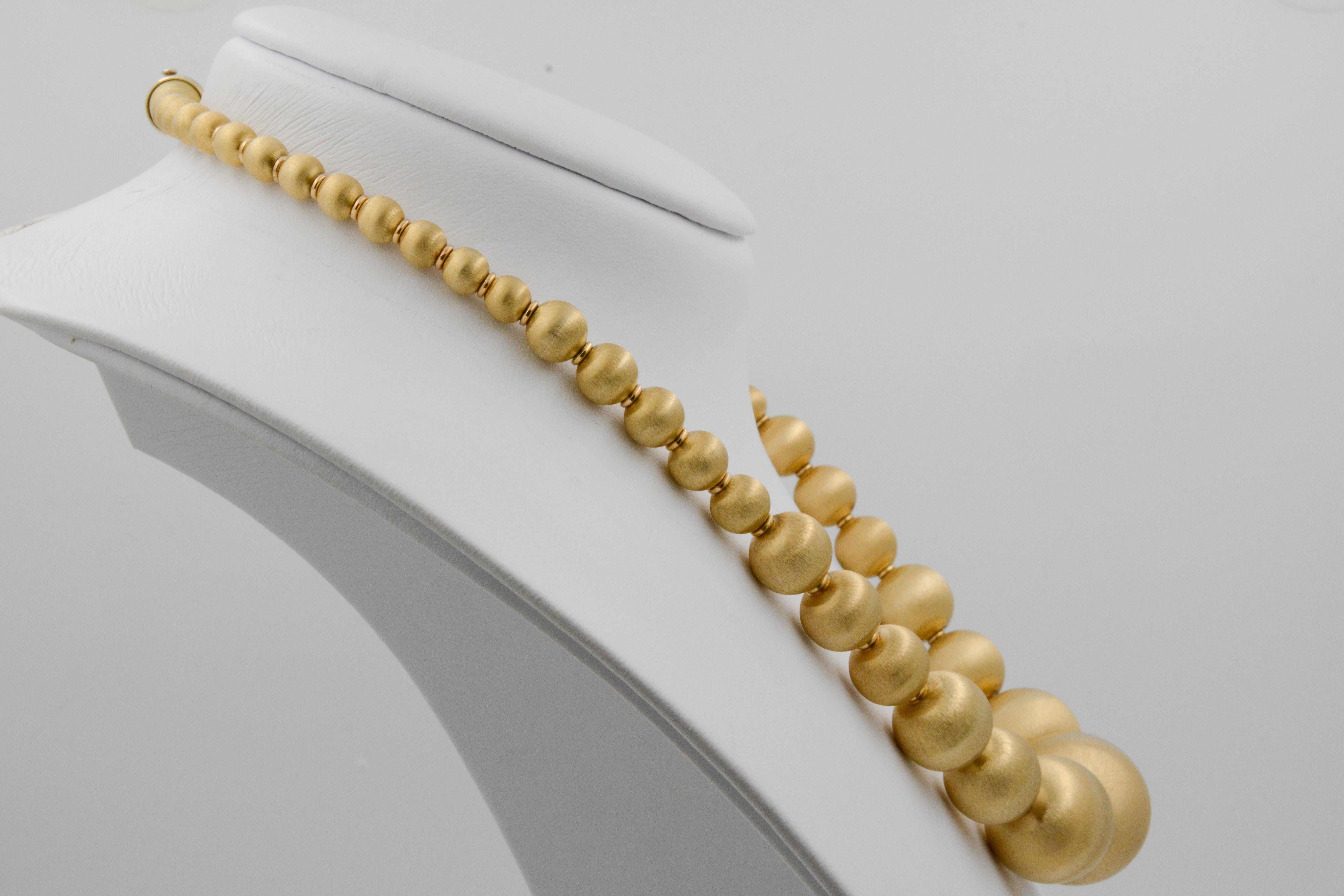 Modern 14 Karat Italian Yellow Gold Graduated Textured Bead Necklace