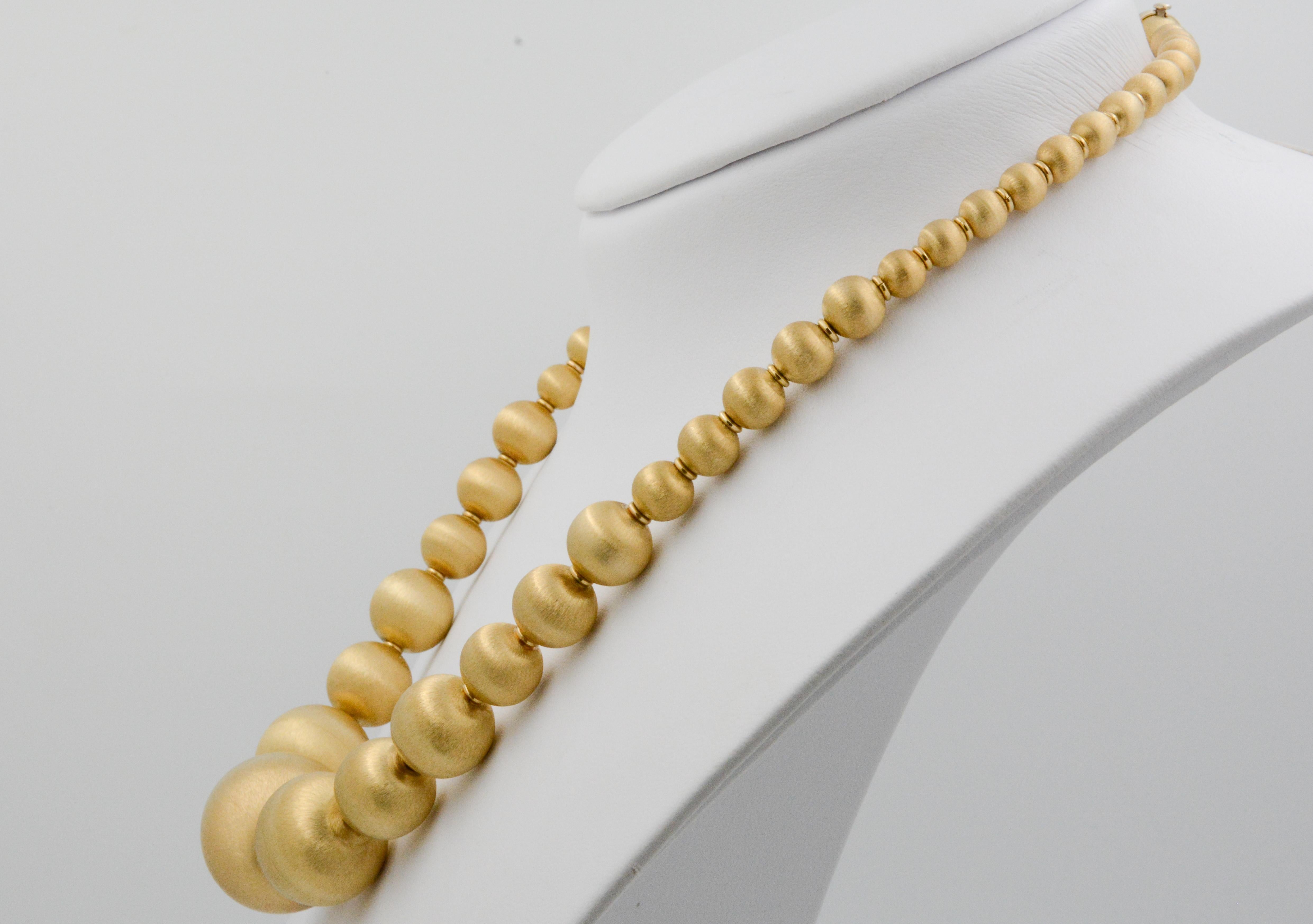14 Karat Italian Yellow Gold Graduated Textured Bead Necklace In Excellent Condition In Dallas, TX