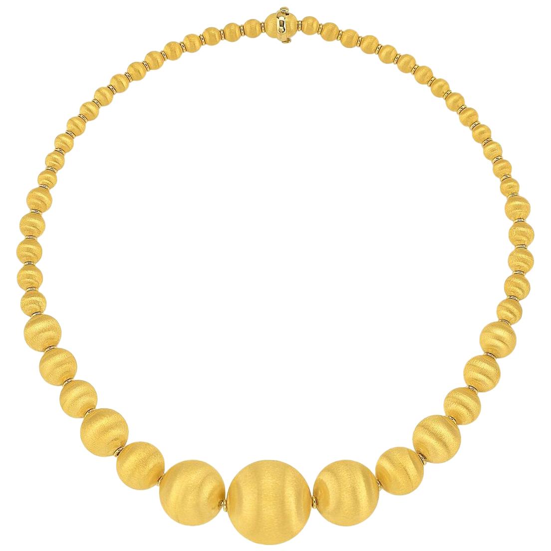 14 Karat Italian Yellow Gold Graduated Textured Bead Necklace