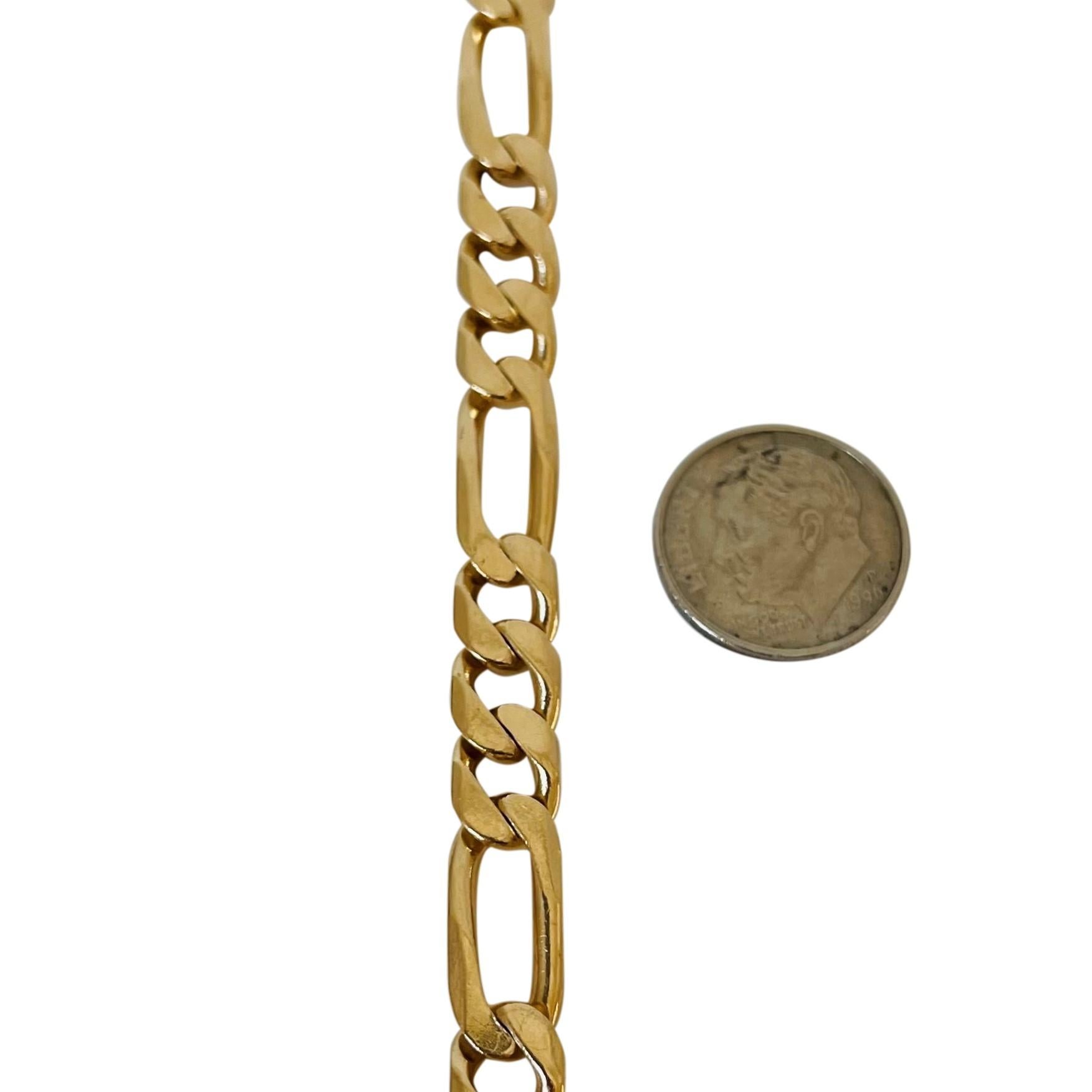 14 Karat Italian Yellow Gold Solid Heavy Men's Figaro Link Bracelet In Good Condition In Guilford, CT