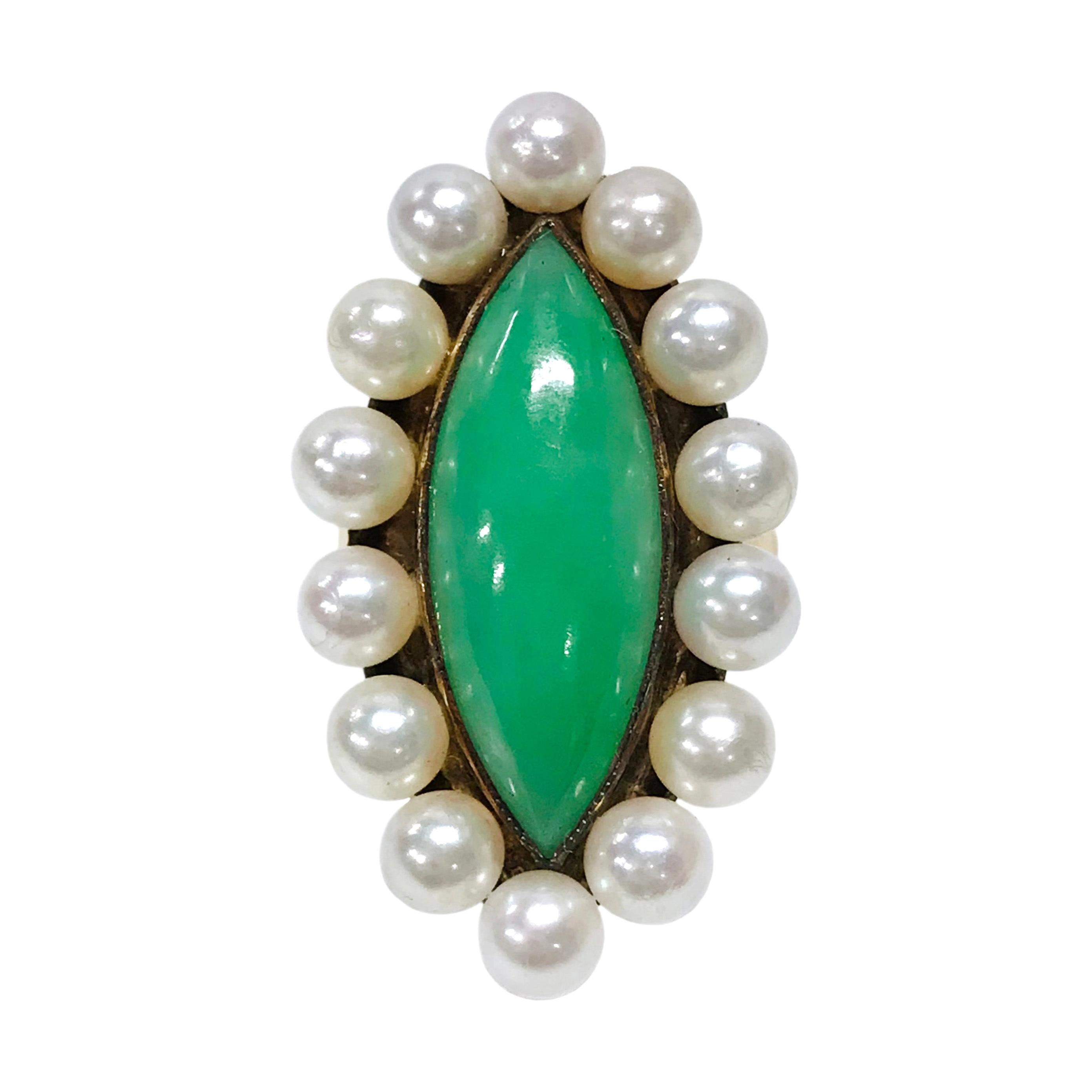 Yellow Gold Jade Pearl Navette Ring