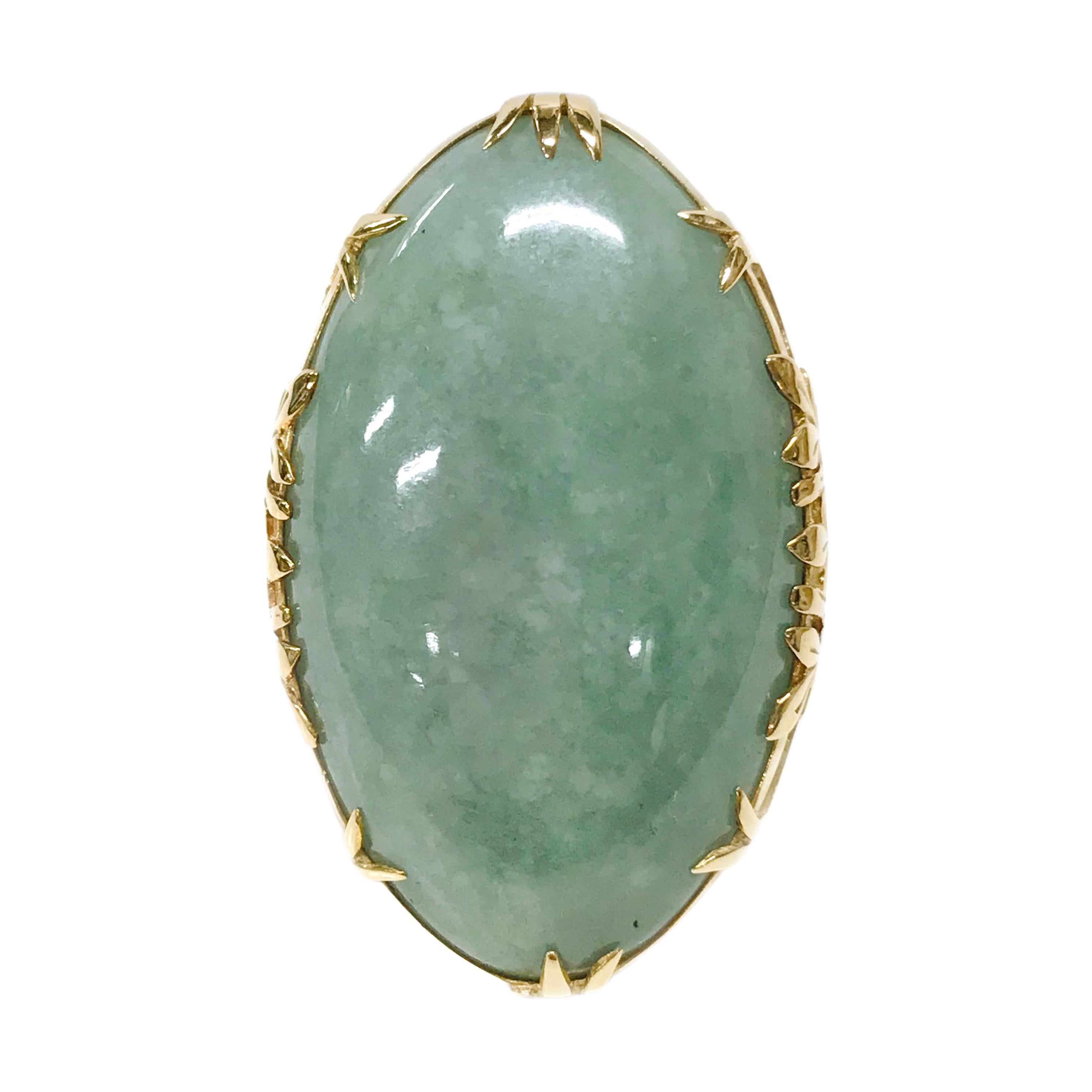 Yellow Gold Jadeite Navette Ring For Sale