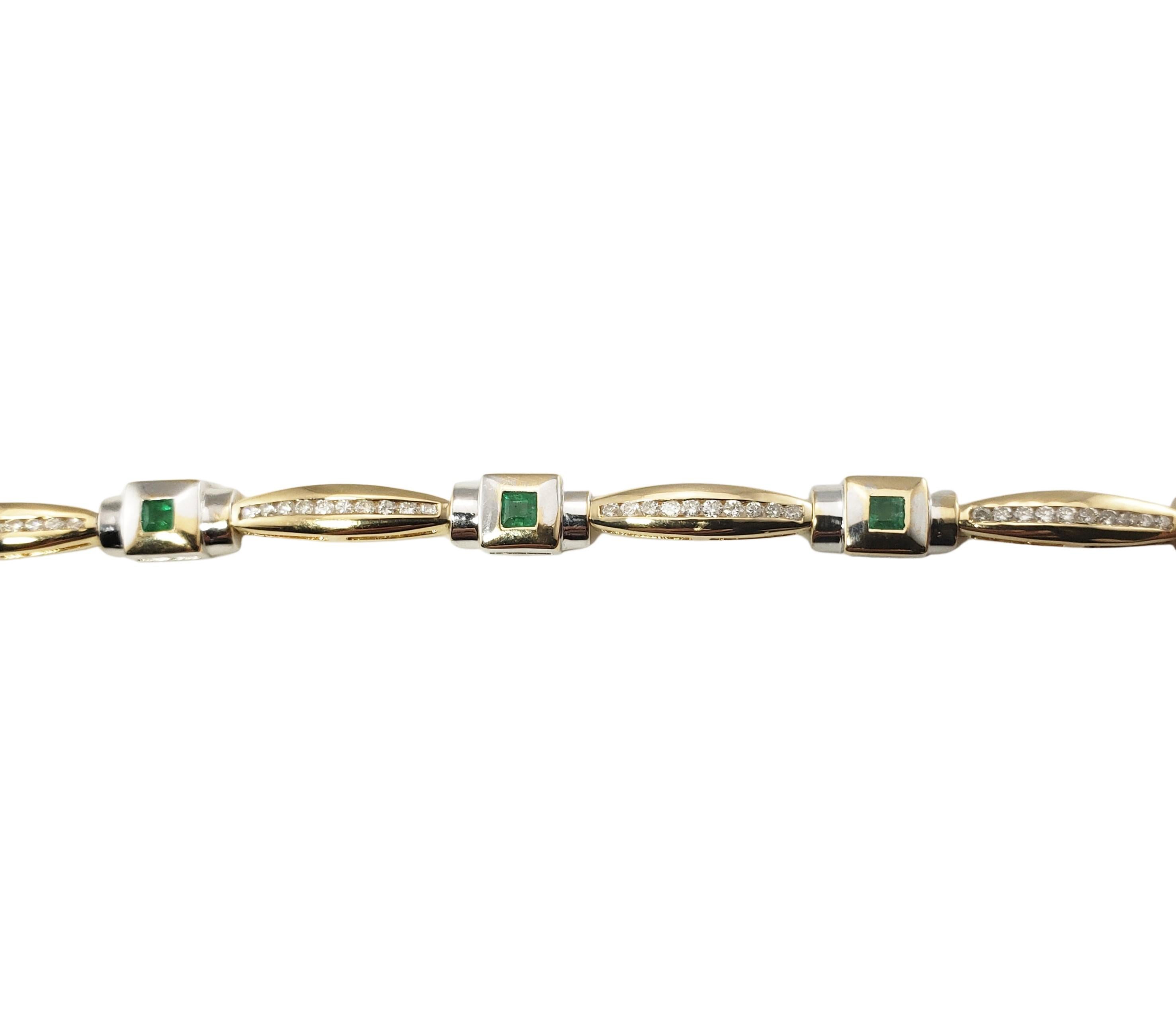 14 Karat Yellow Gold Natural Emerald and Diamond Bracelet-

This lovely bracelet features 80 round brilliant diamonds and eight square emeralds set in beautifully detailed 14K yellow gold. 
Width: 6 mm.

Approximate total diamond weight:  .60