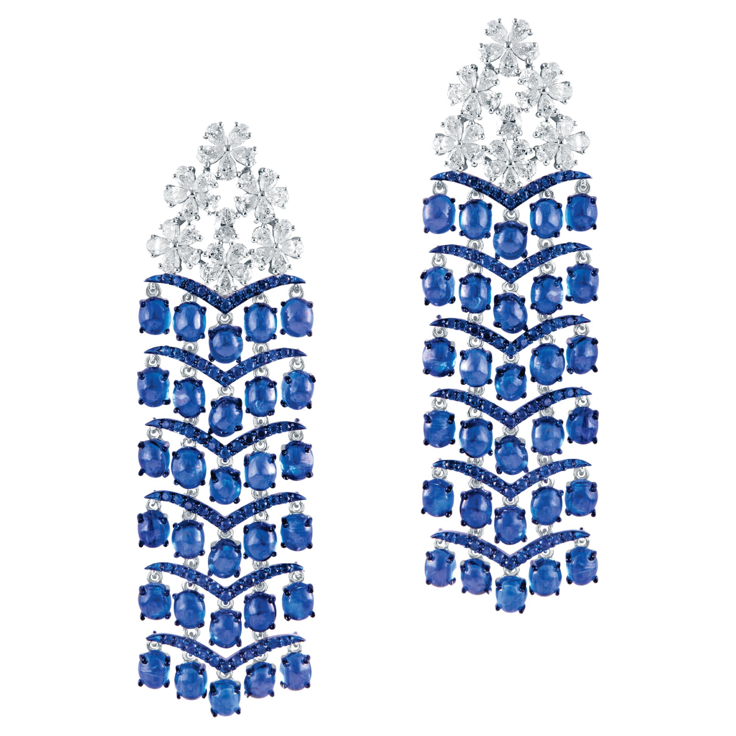 Boucles d'oreilles chandelier en Kyanite 14 carats, saphir bleu et diamant blanc 