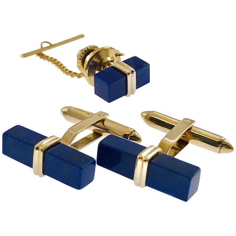 14 Karat Lapis Lazuli Set, Cufflinks, Tie-Tack For Sale