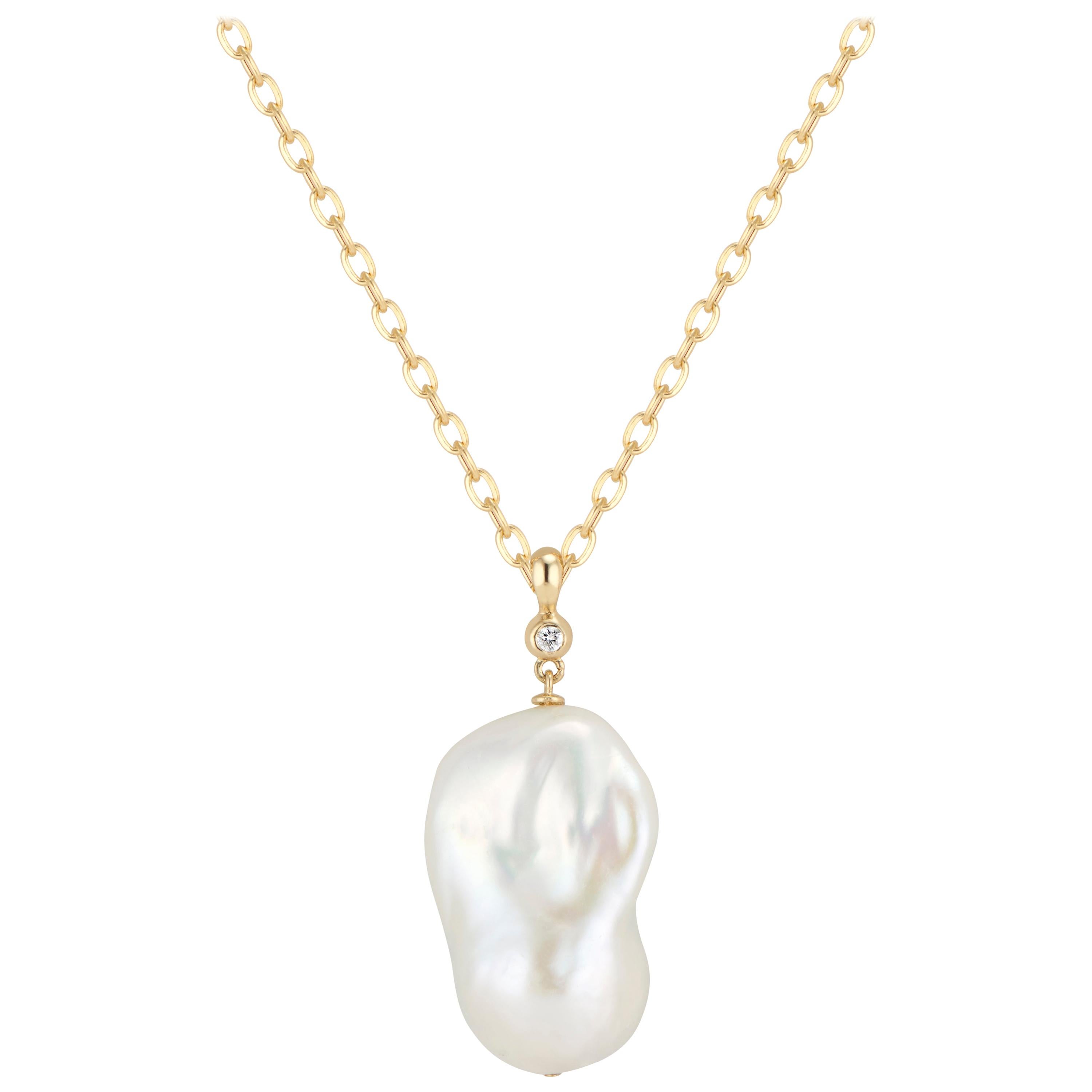 14 Karat Large Baroque Pearl and Diamond Pendant