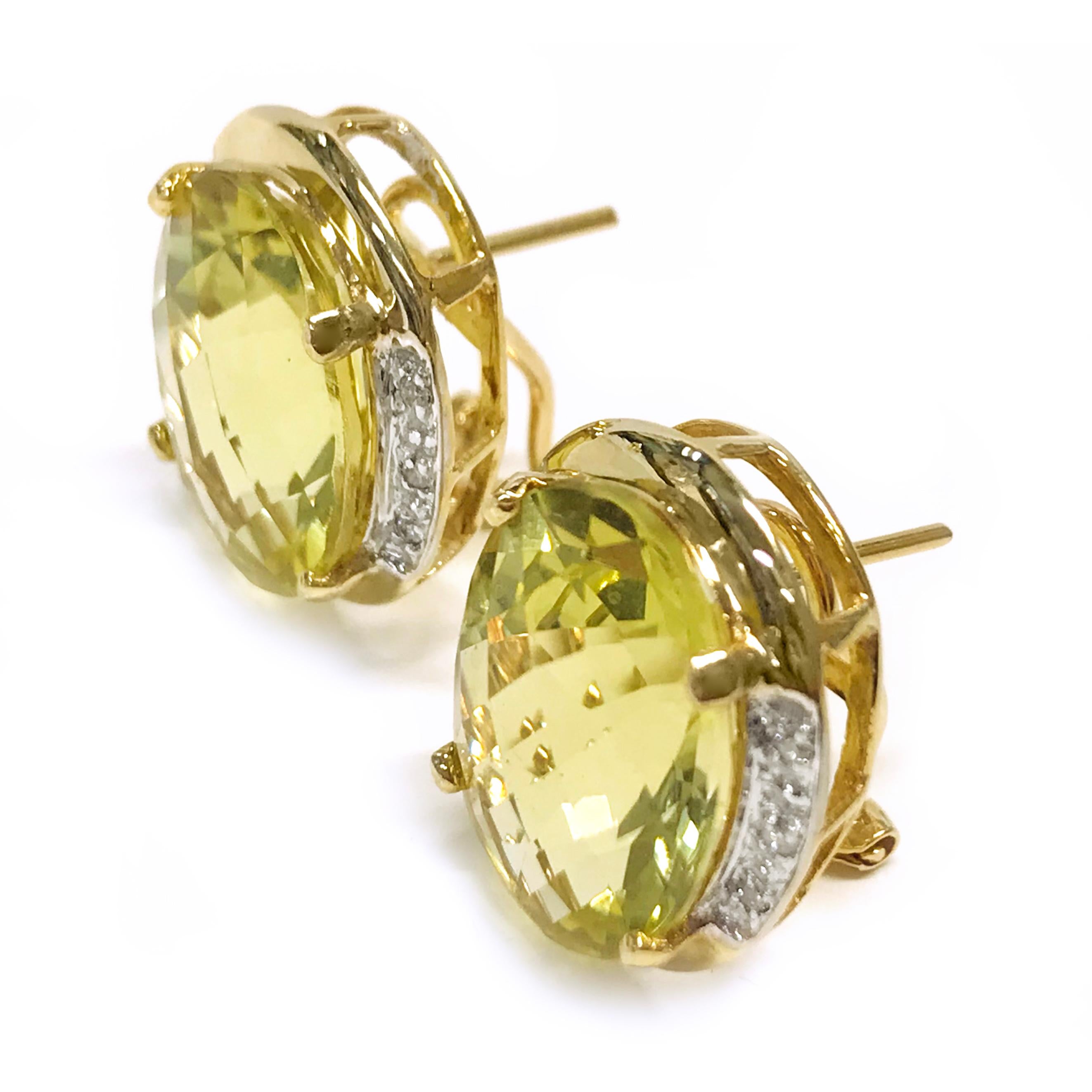 14 Karat Lemon Quartz Diamond Ring and Earrings. 

The ring features an oval 16mm x 11.9mm x 8.7mm modified-brilliant-cut prong-set Lemon Quartz with six round diamonds total on either side of the bezel. The Quartz stone has a total carat weight of