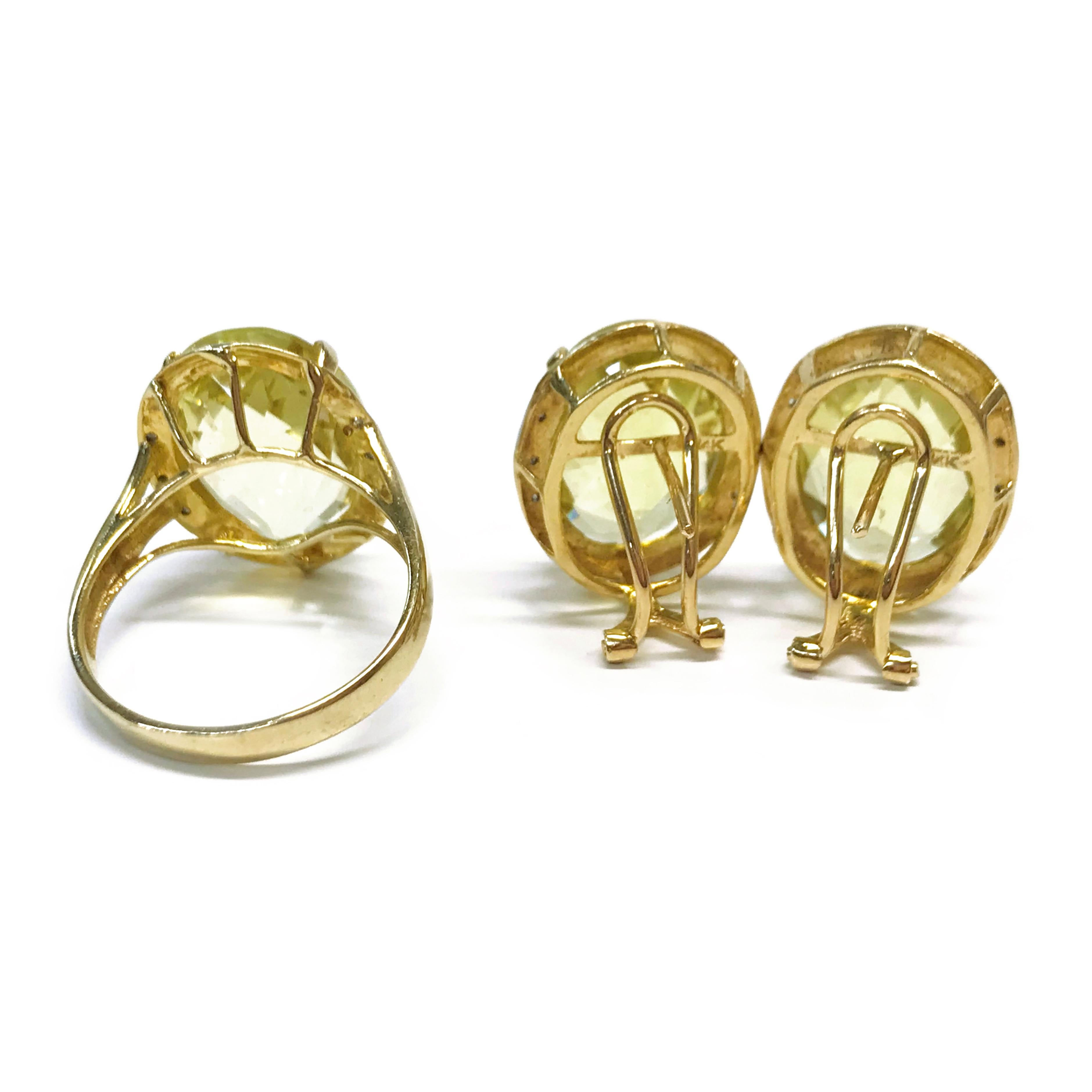 Contemporary 14 Karat Lemon Quartz Diamond Ring and Earrings For Sale
