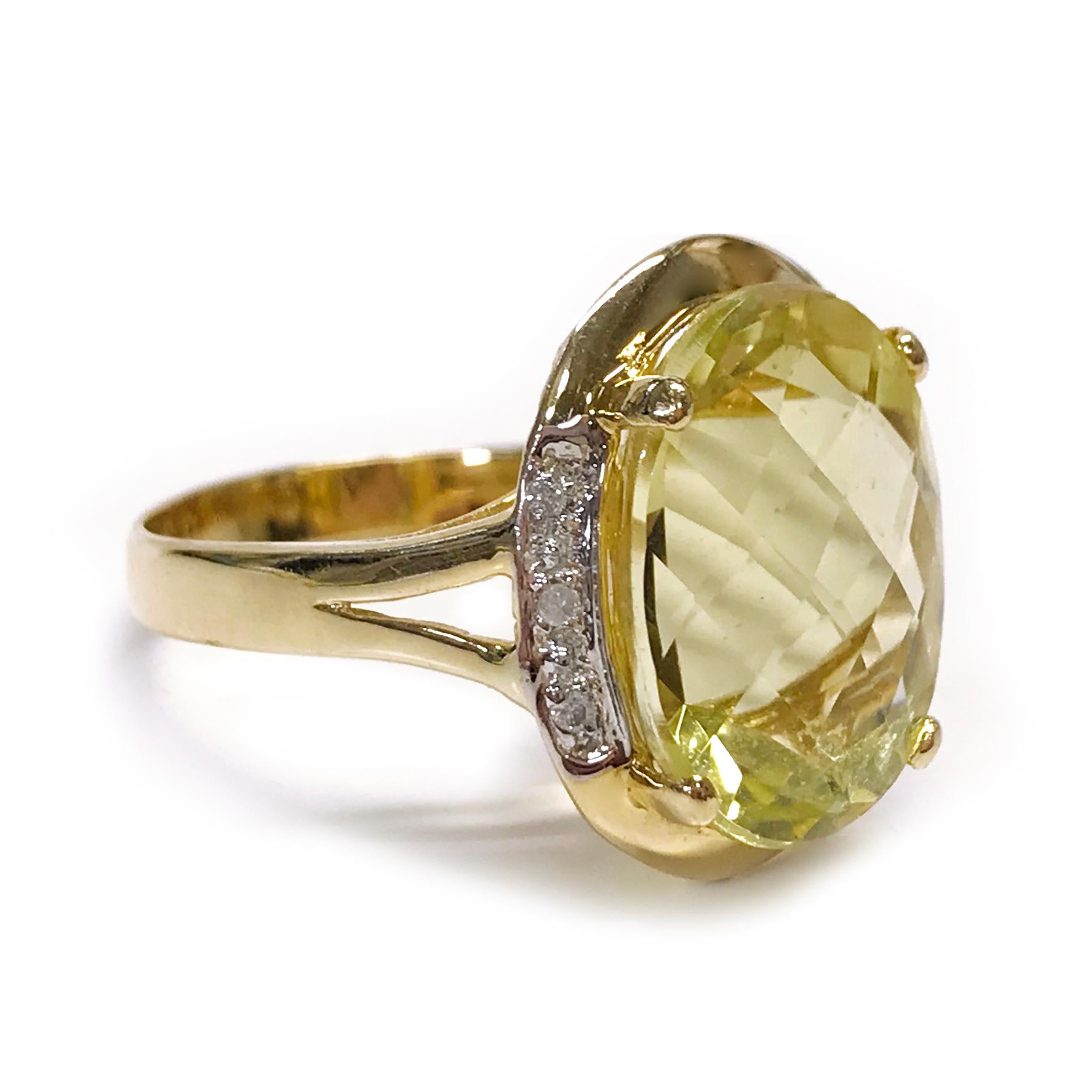Cushion Cut 14 Karat Lemon Quartz Diamond Ring and Earrings For Sale