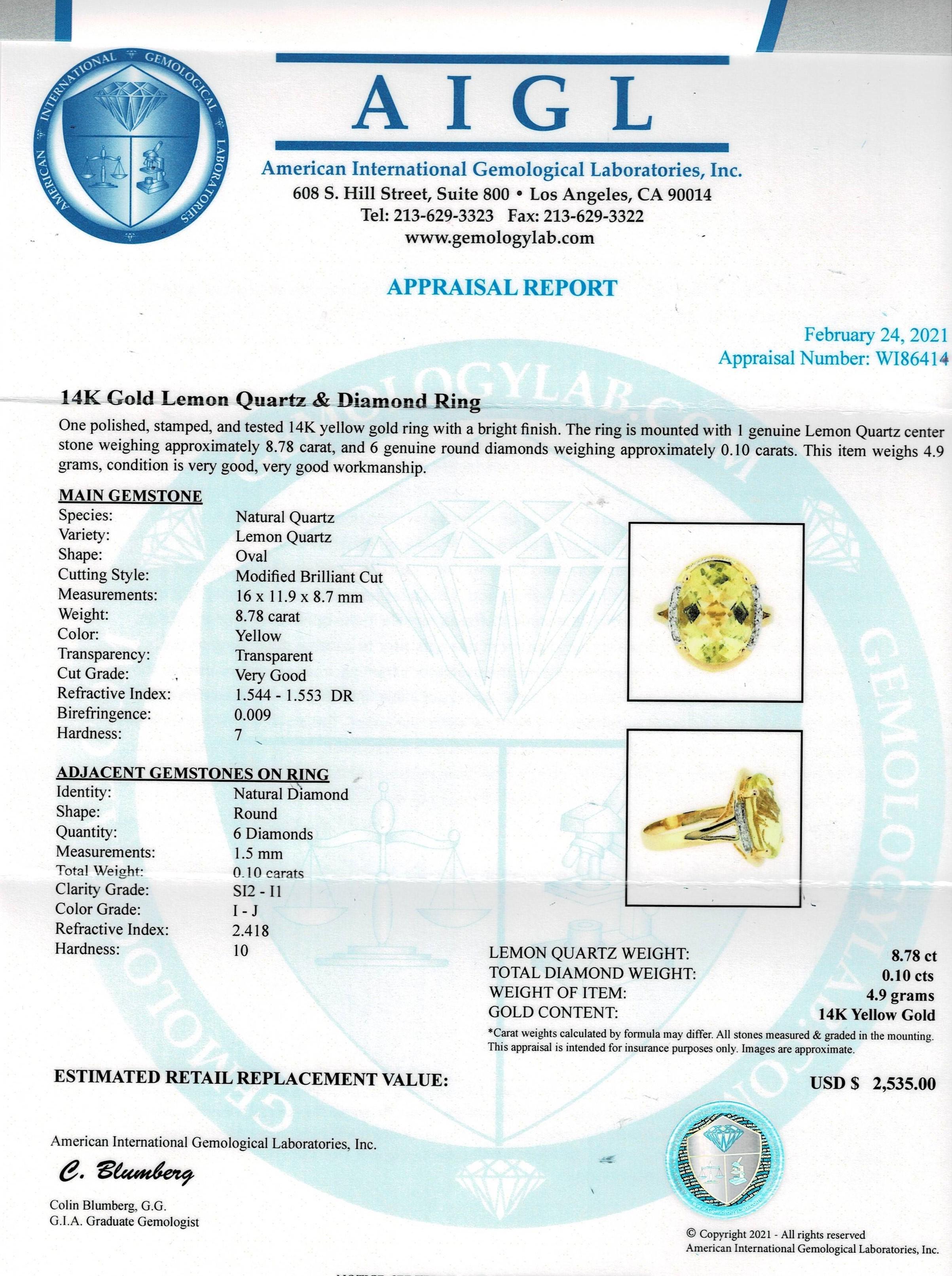 14 Karat Lemon Quartz Diamond Ring and Earrings For Sale 2