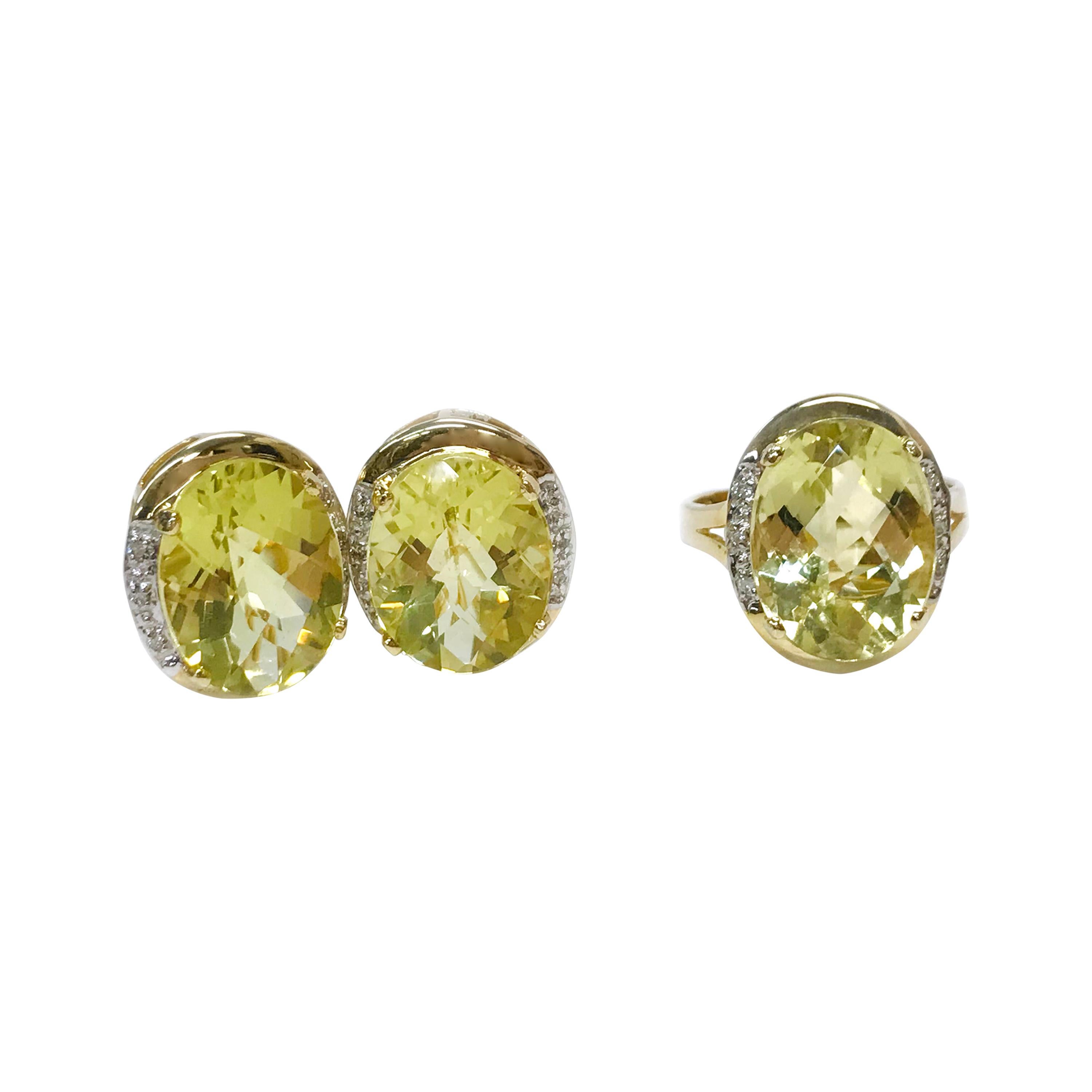 14 Karat Lemon Quartz Diamond Ring and Earrings