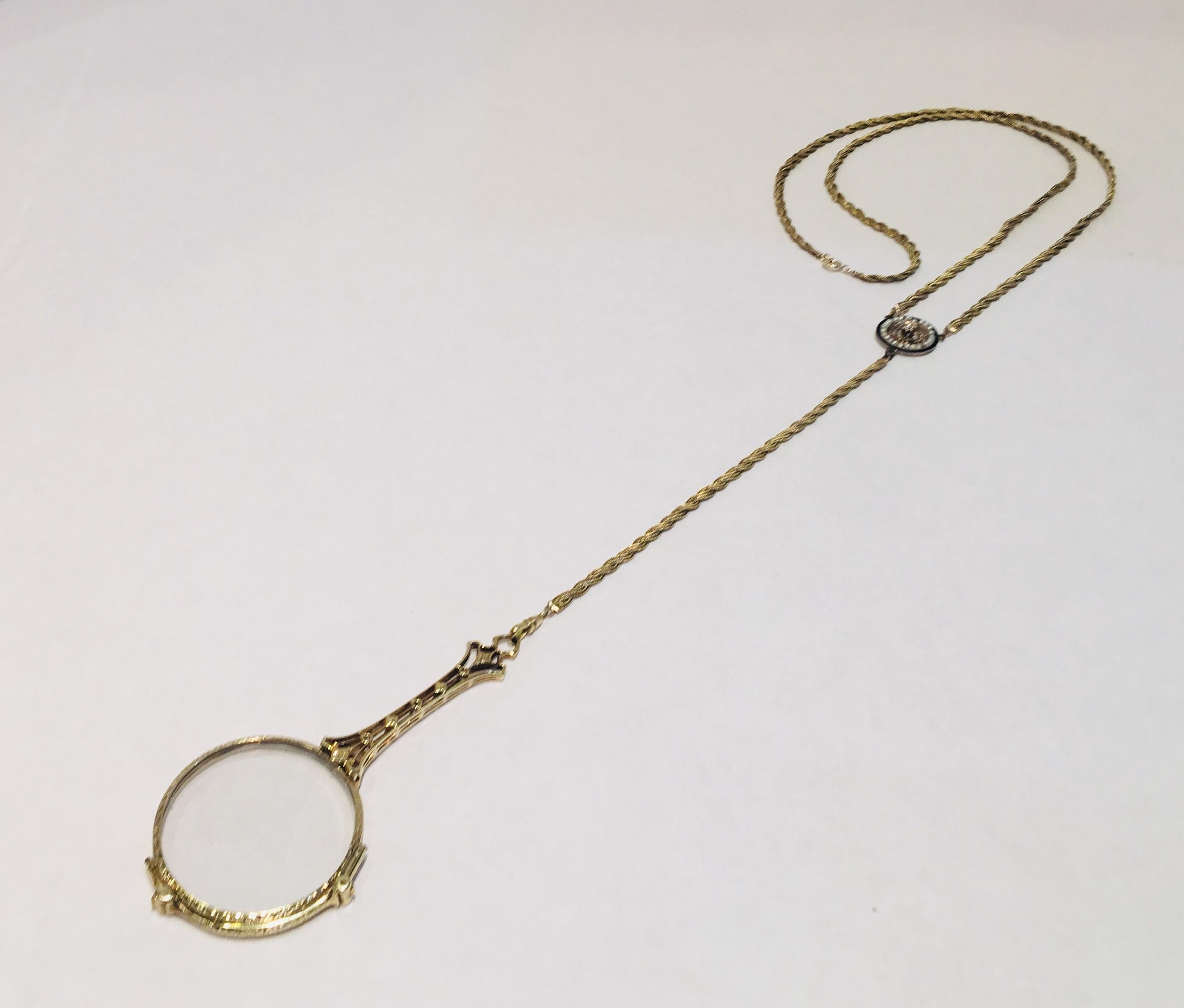 14 Karat Lorgnette Folding Eyeglasses with Gold, Diamond and Seed Pearls Lariat For Sale 2