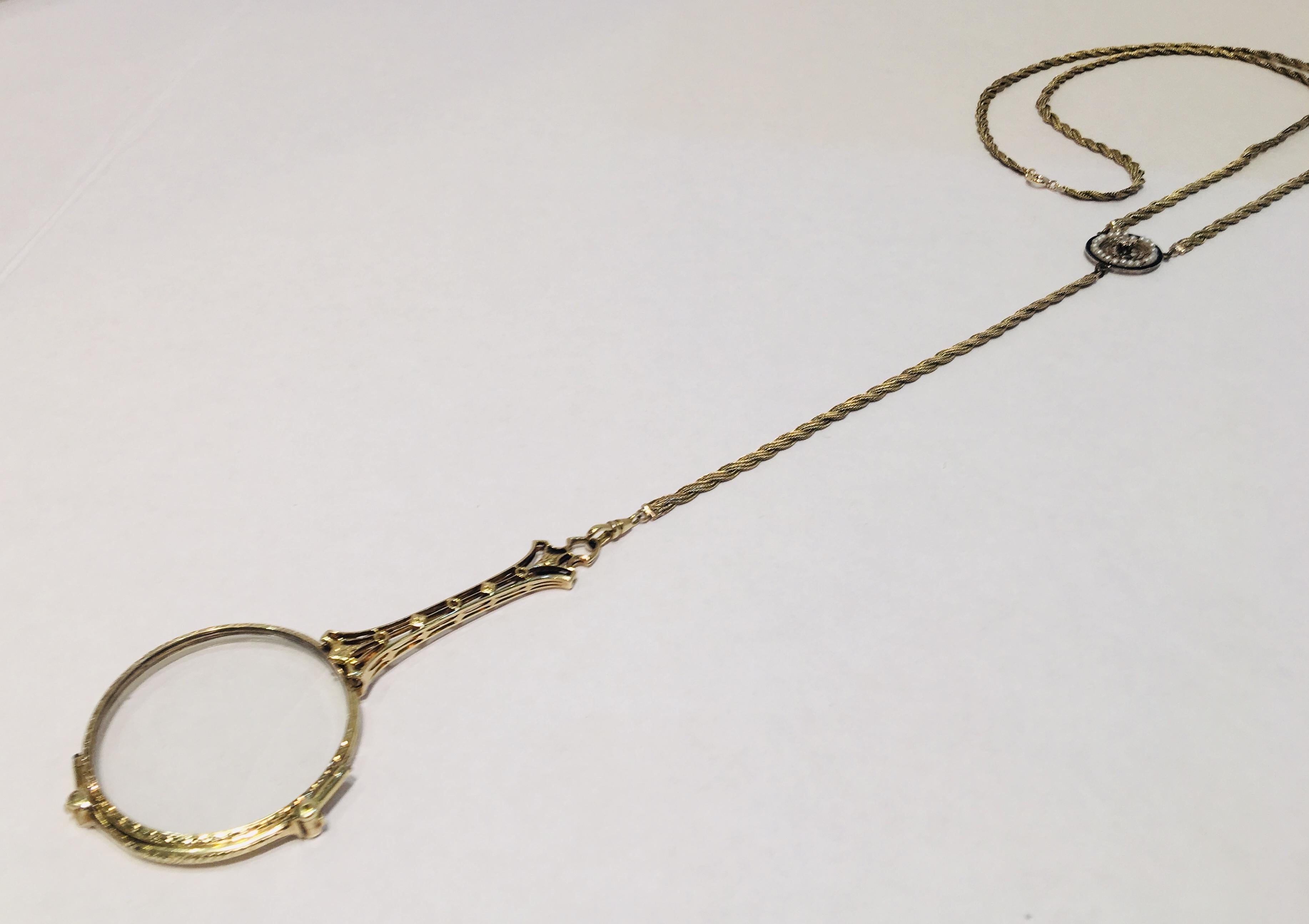 14 Karat Lorgnette Folding Eyeglasses with Gold, Diamond and Seed Pearls Lariat For Sale 3