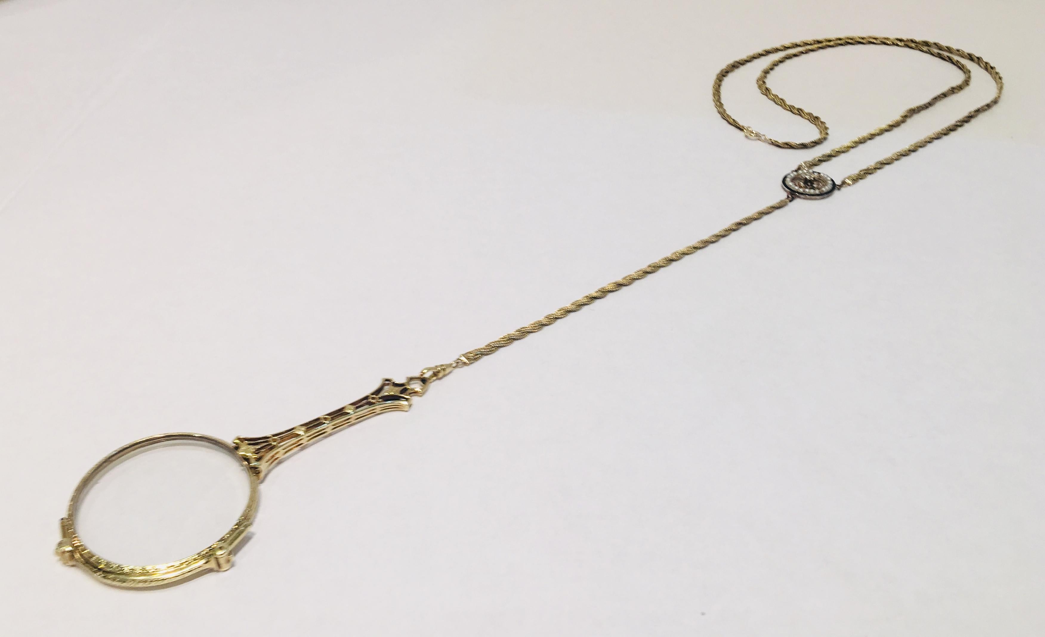 14 Karat Lorgnette Folding Eyeglasses with Gold, Diamond and Seed Pearls Lariat For Sale 4