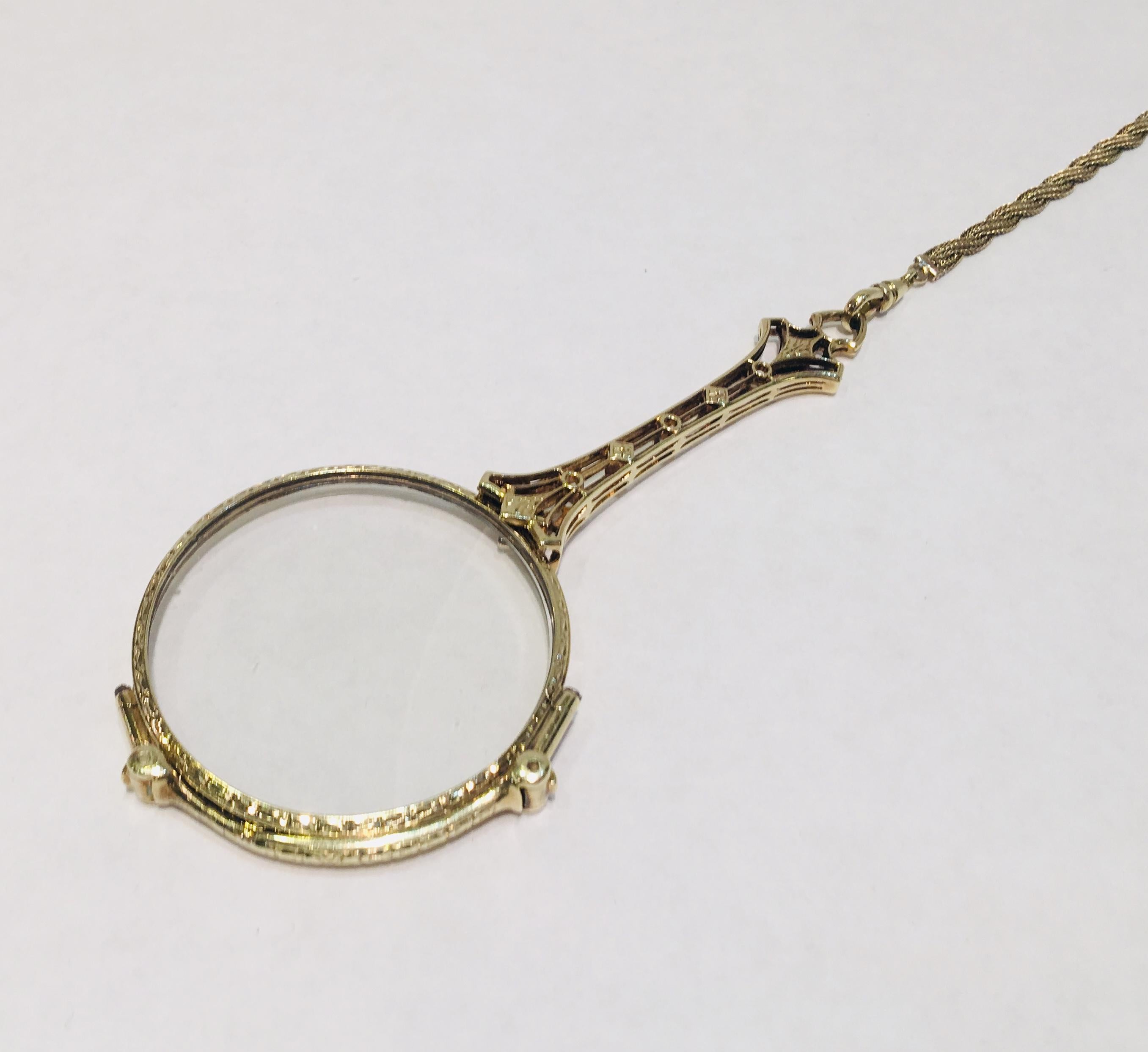 14 Karat Lorgnette Folding Eyeglasses with Gold, Diamond and Seed Pearls Lariat For Sale 5