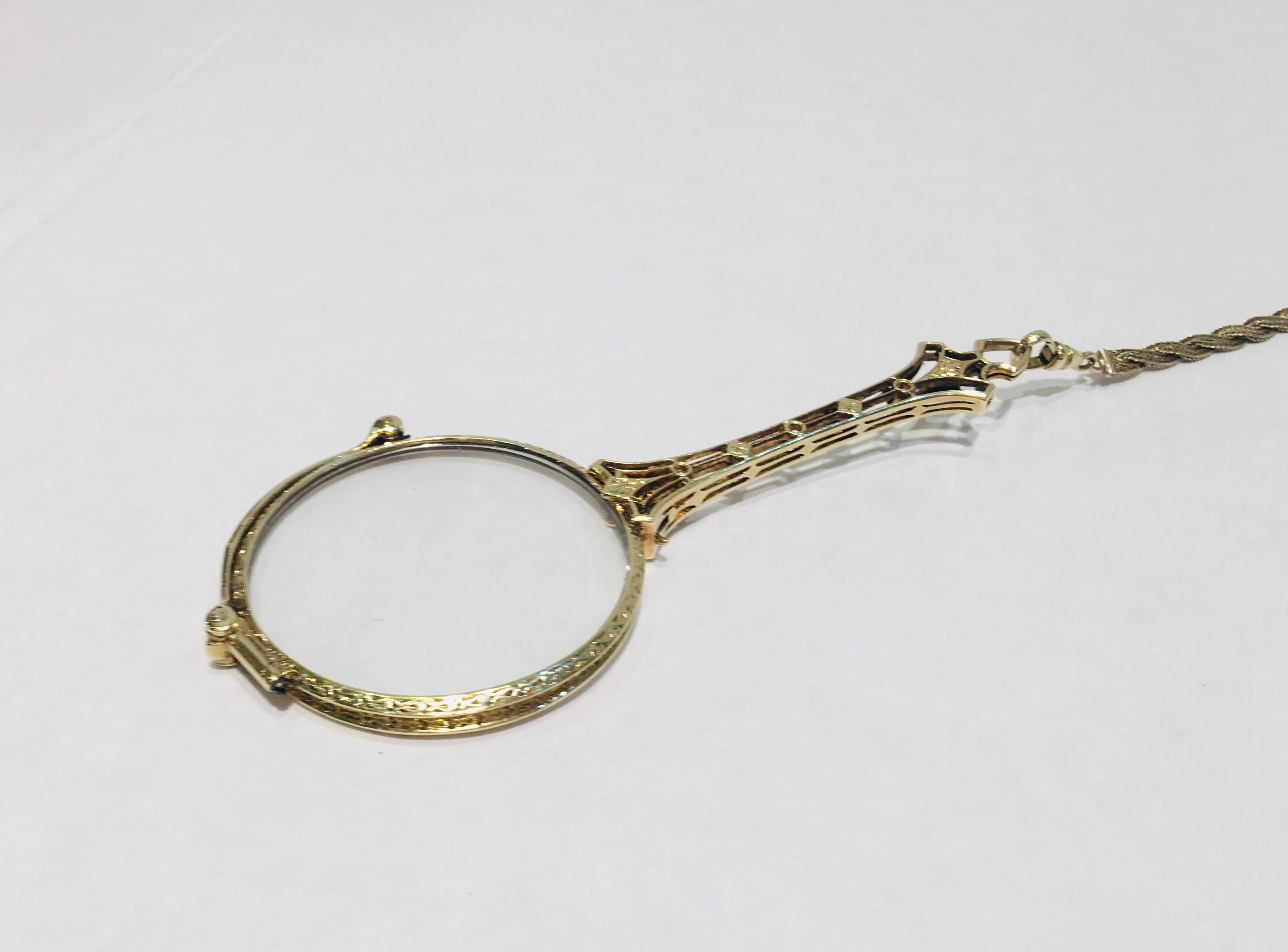14 Karat Lorgnette Folding Eyeglasses with Gold, Diamond and Seed Pearls Lariat For Sale 6