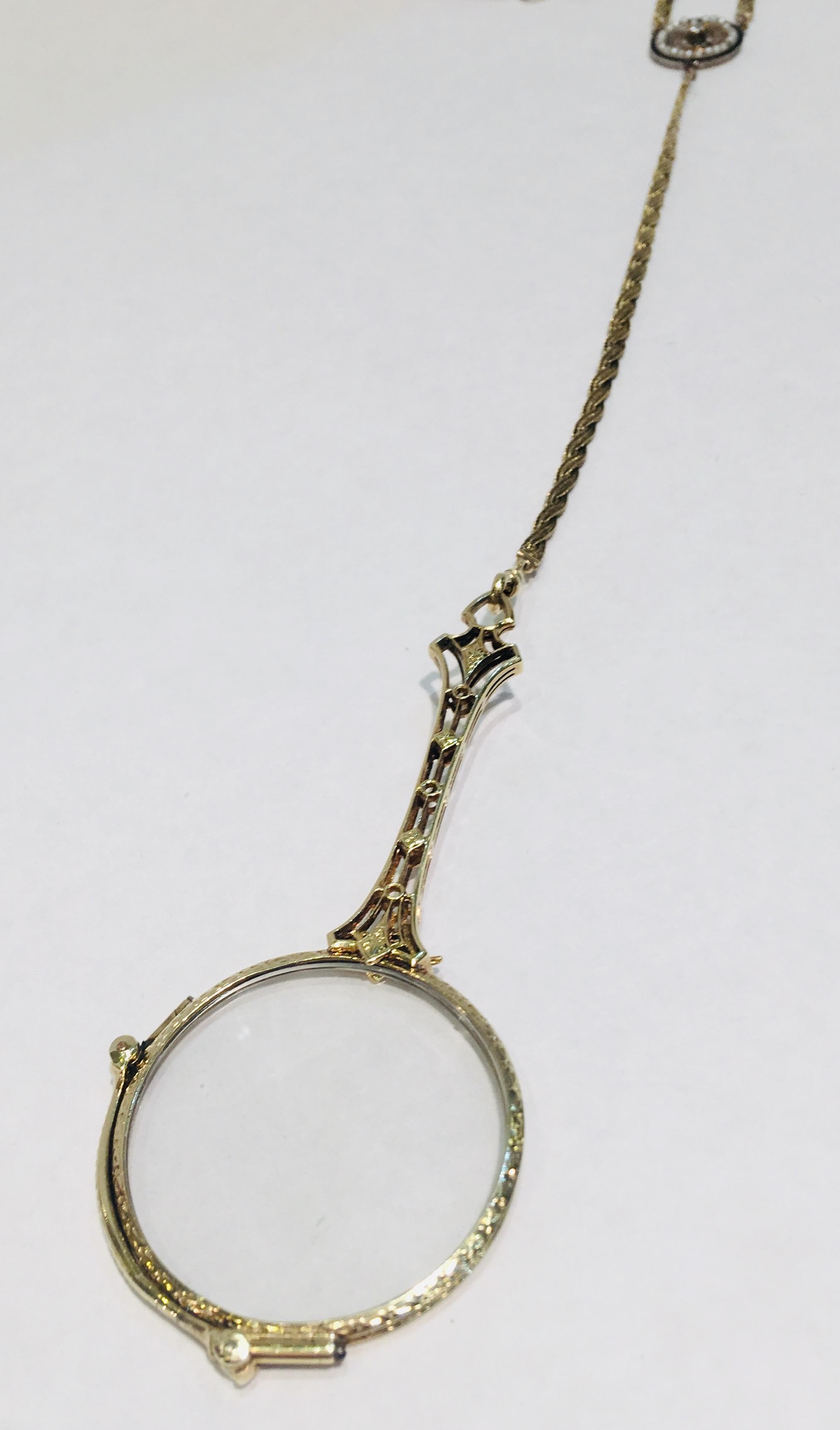 14 Karat Lorgnette Folding Eyeglasses with Gold, Diamond and Seed Pearls Lariat For Sale 7