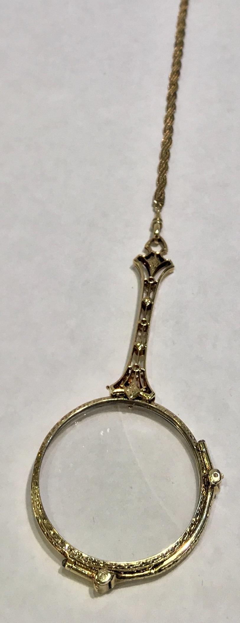 Old Mine Cut 14 Karat Lorgnette Folding Eyeglasses with Gold, Diamond and Seed Pearls Lariat For Sale