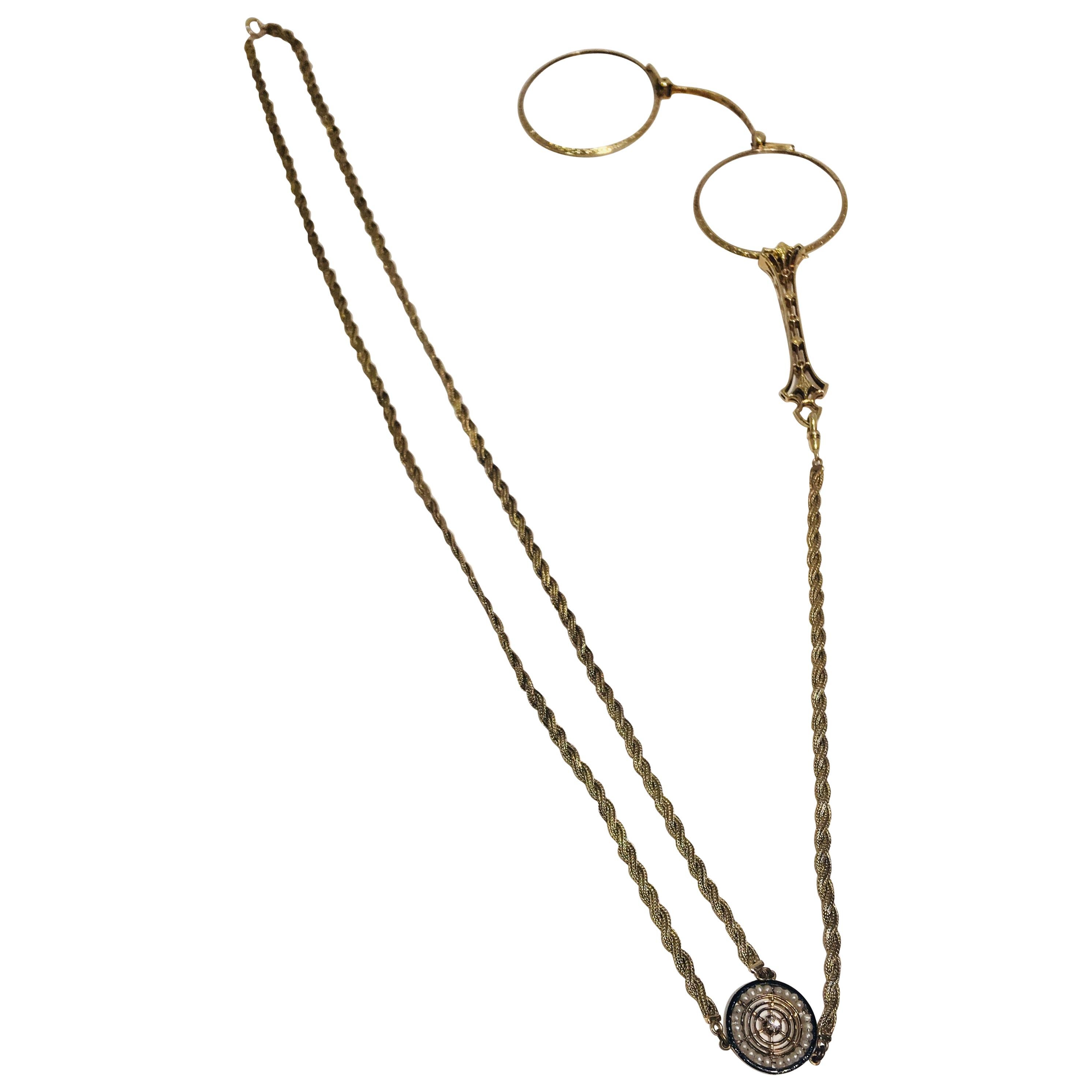 14 Karat Lorgnette Folding Eyeglasses mit Gold, Diamant und Saatperlen Lariat im Angebot