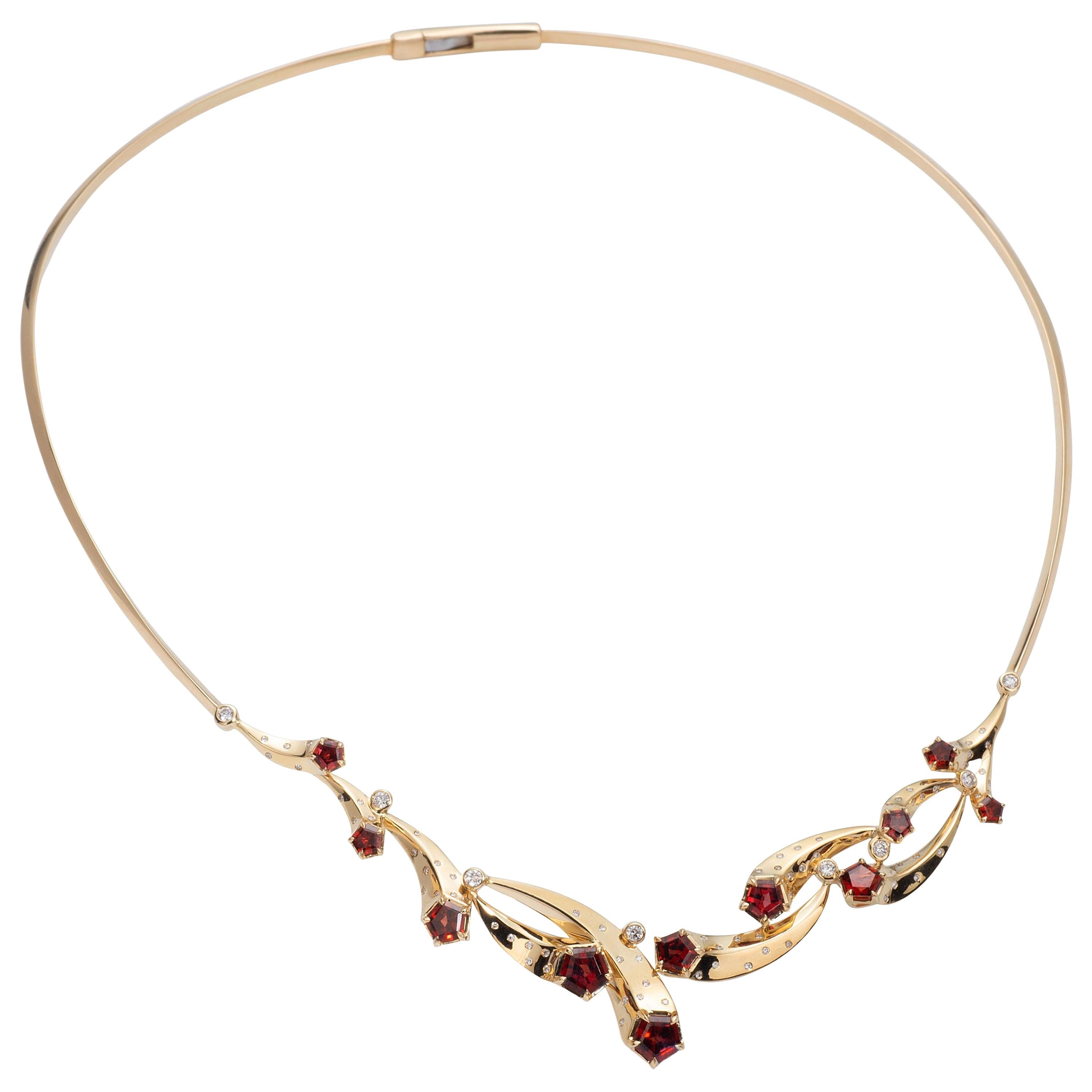 14 Karat, Madeira Garnet and Diamond Multi-Comet Necklace For Sale