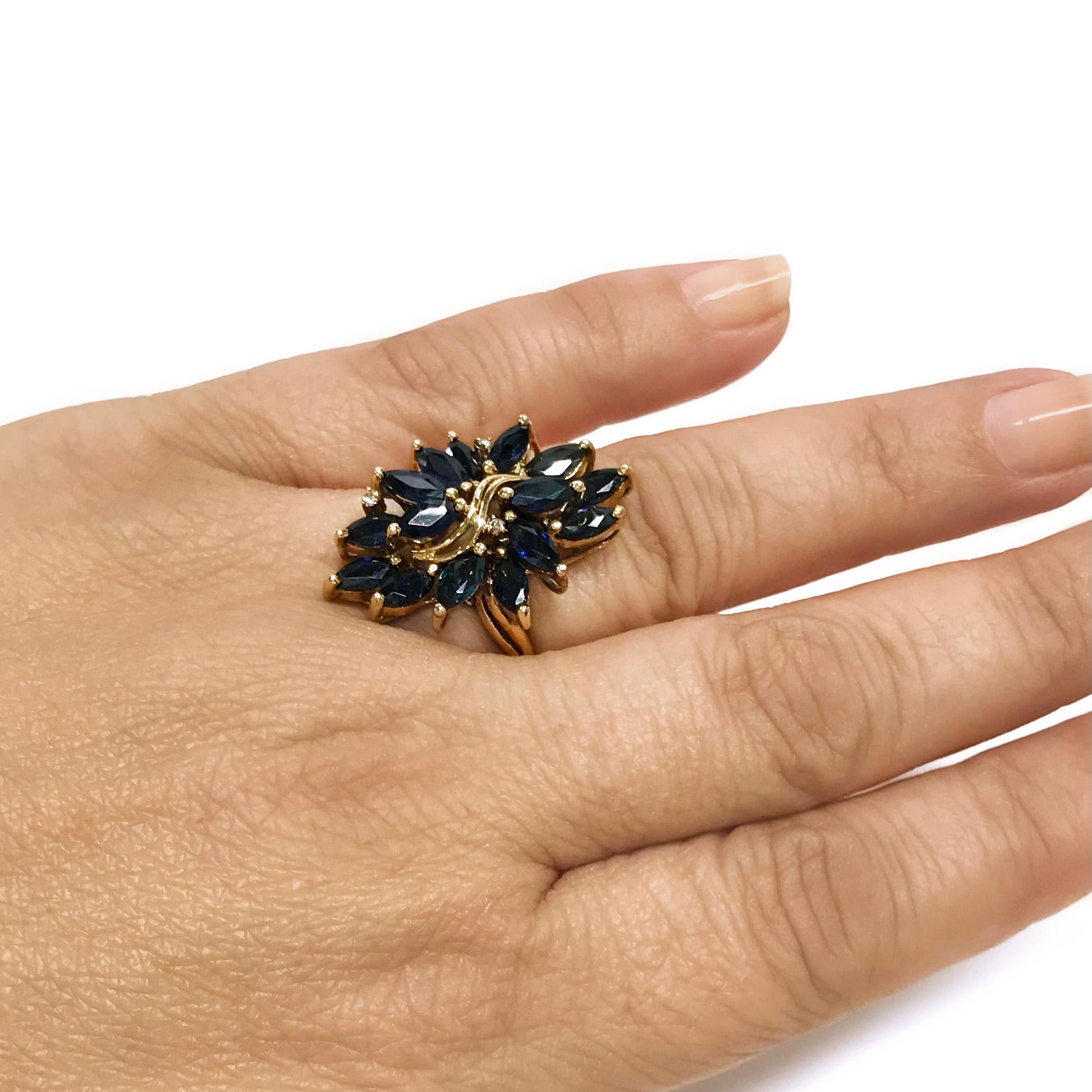 Retro Yellow Gold Marquise-Cut Blue Sapphire Diamond Cluster Ring For Sale
