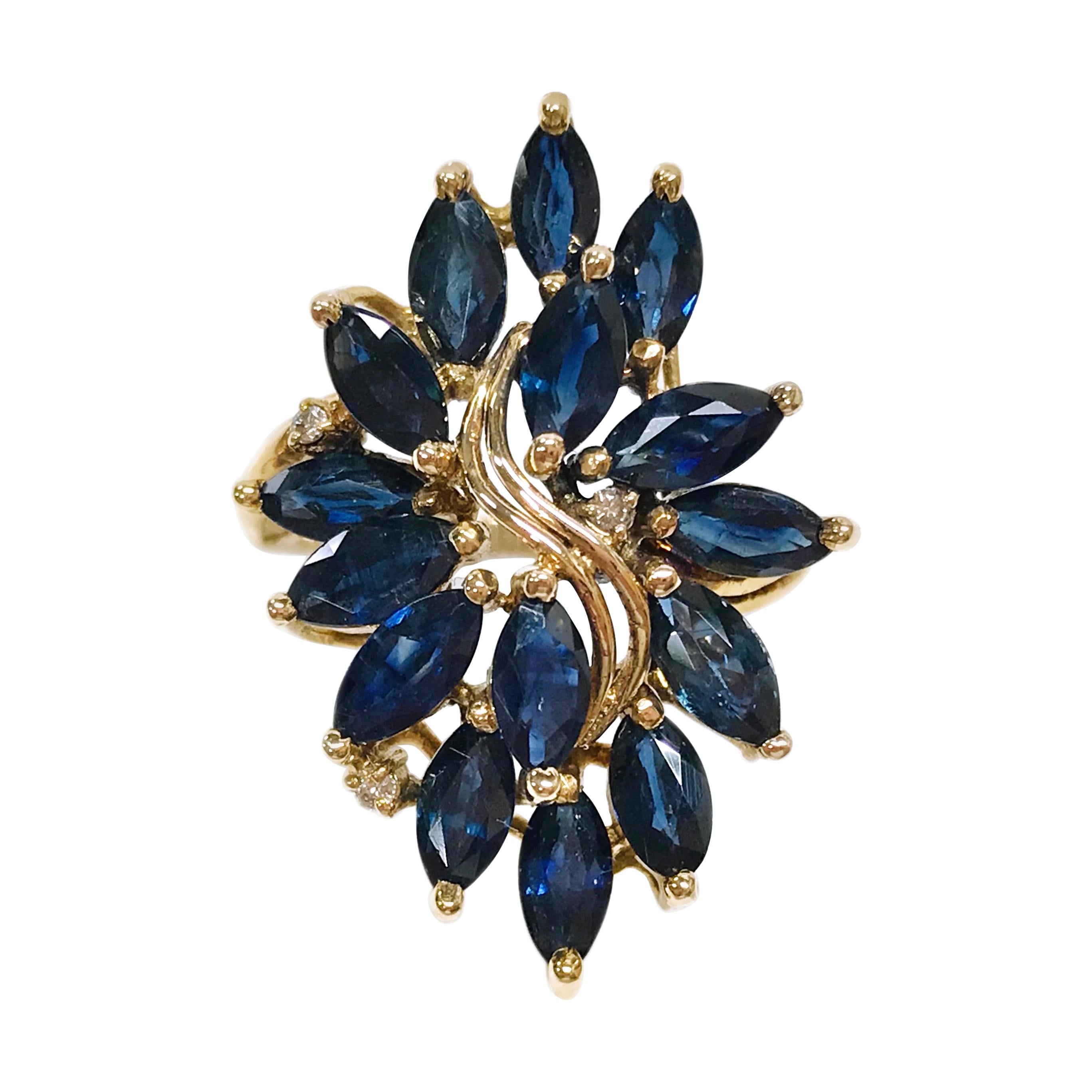 Yellow Gold Marquise-Cut Blue Sapphire Diamond Cluster Ring For Sale