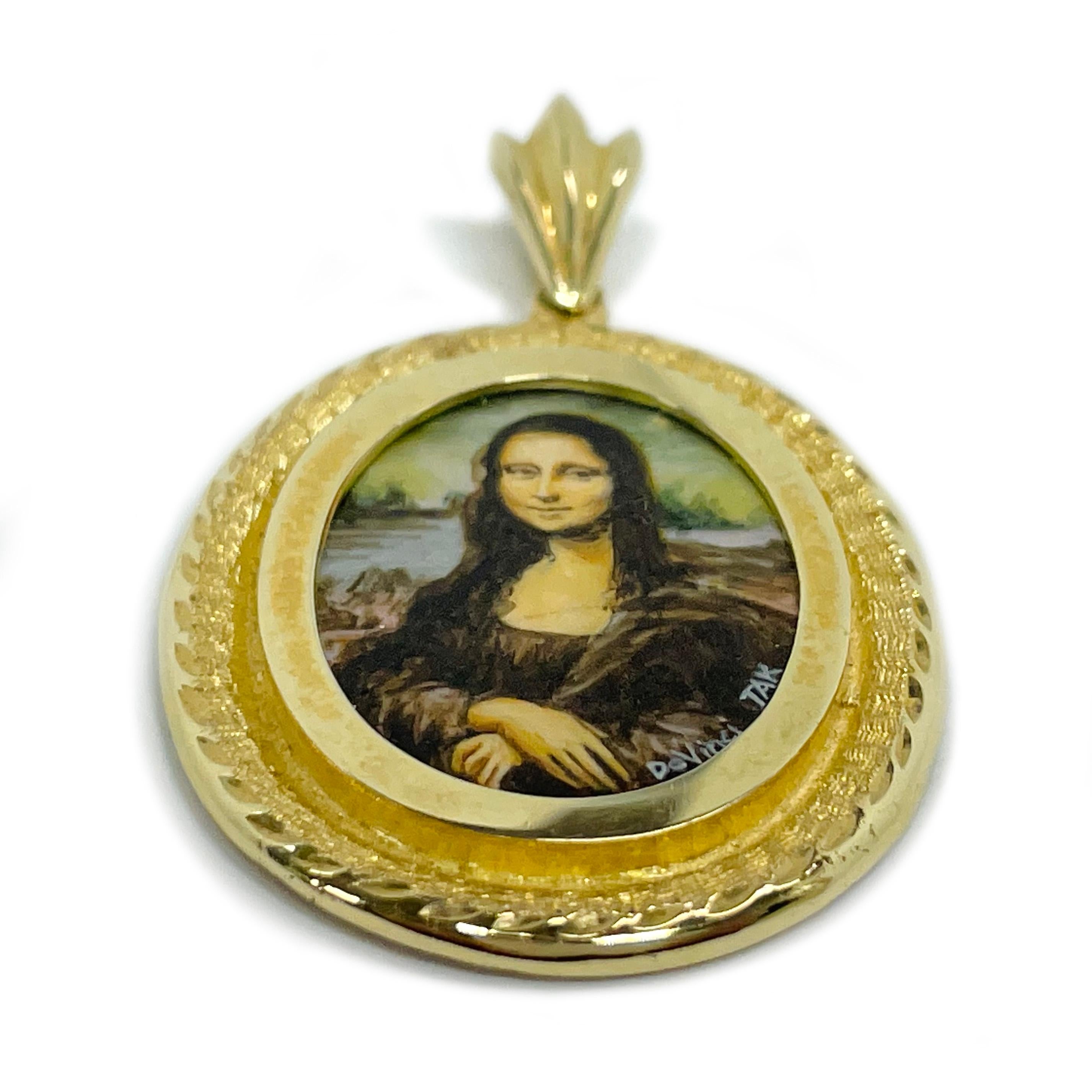 14 Karat Yellow 'Gold Mona' Lisa Hand Painted Mother of Pearl Pendant. Absolutely lovely recreated Leonardo da Vinci's 'Mona Lisa' painting. The miniature painting is set in a 14 karat gold oval frame with diamond-cut details. The painting is signed