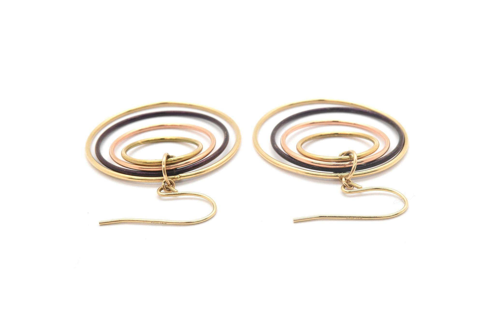 Modern 14 Karat Multi-Tone Gold and Black Rhodium Multiple Circle Dangle Earrings
