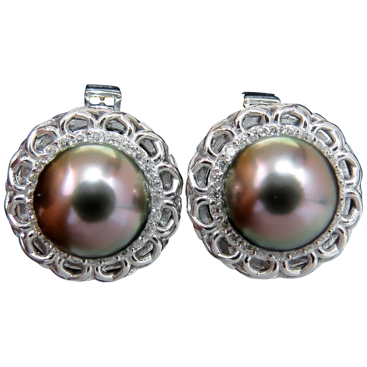 14 Karat Natural Tahitian High Luster Peacock Pearl Diamond Earrings 14 Karat