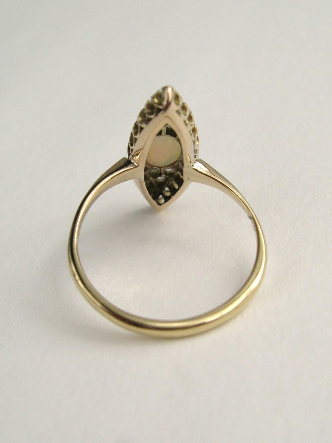 Women's 14 Karat Opal & Diamond Navette Victorian Ring For Sale