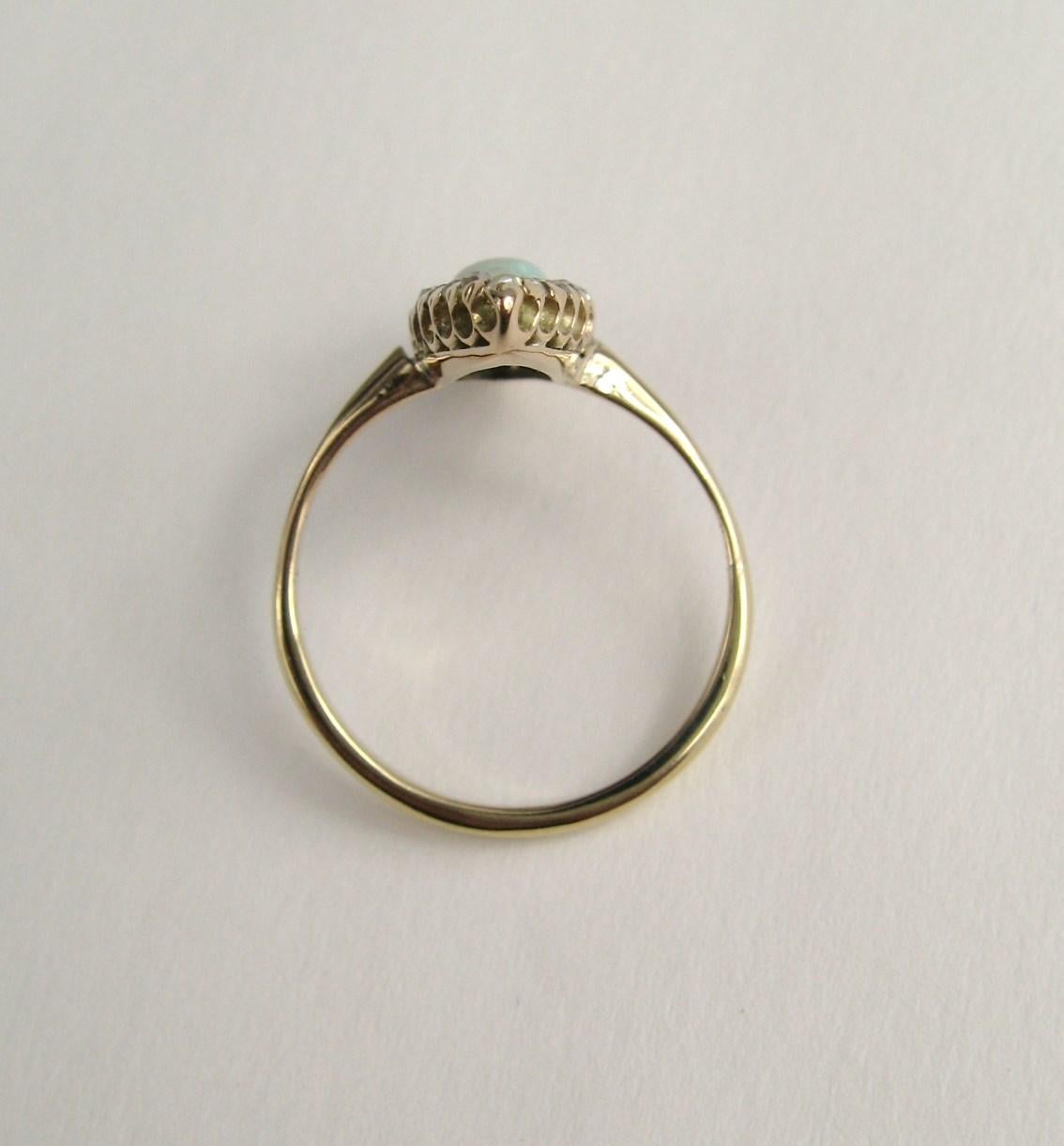 14 Karat Opal & Diamond Navette Victorian Ring For Sale 1