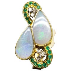 14 Karat Opal Pin/Pendant with Diamonds and Emeralds