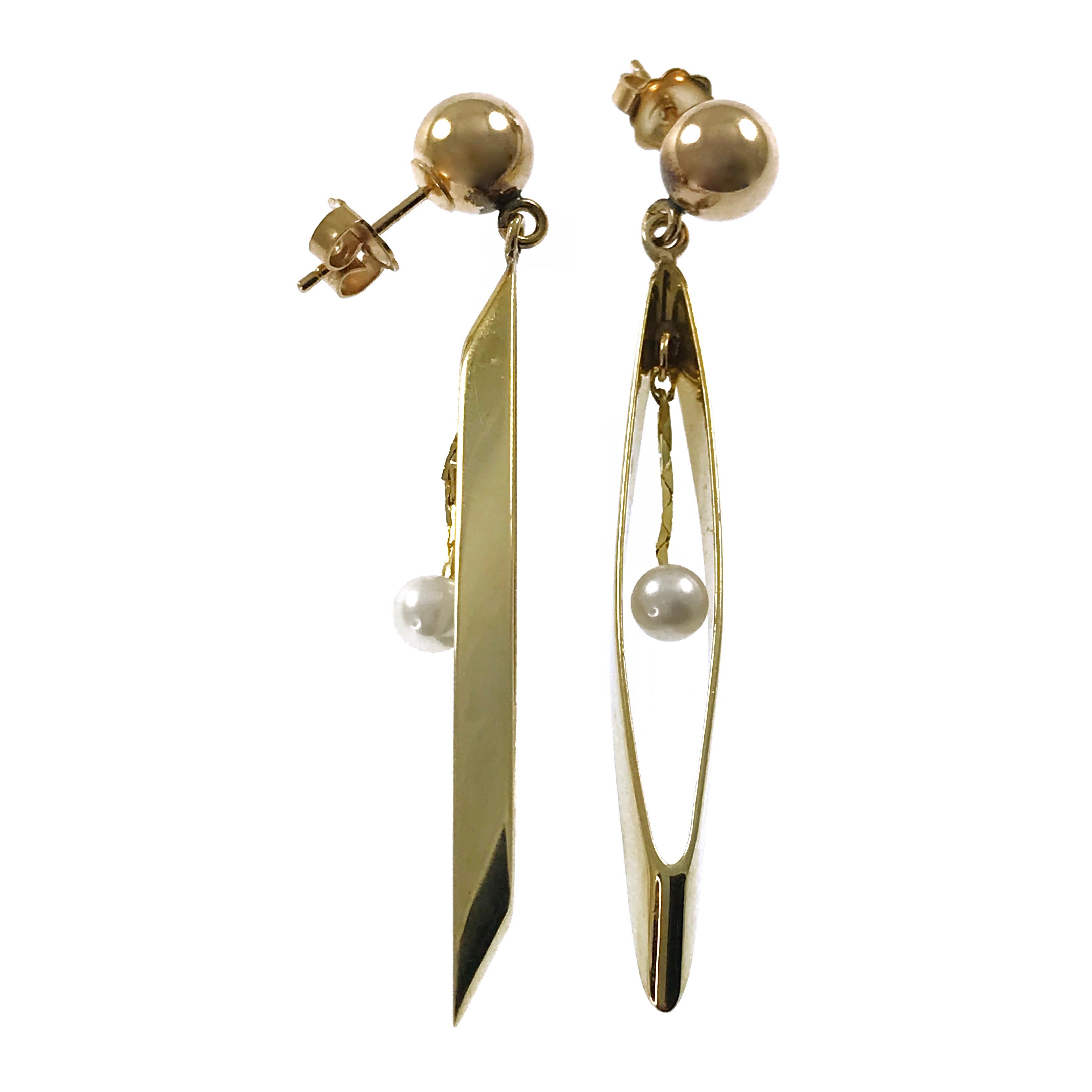 Retro 14 Karat Oval Hoop Pearl Drop Earrings For Sale