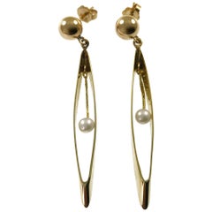 Retro 14 Karat Oval Hoop Pearl Drop Earrings