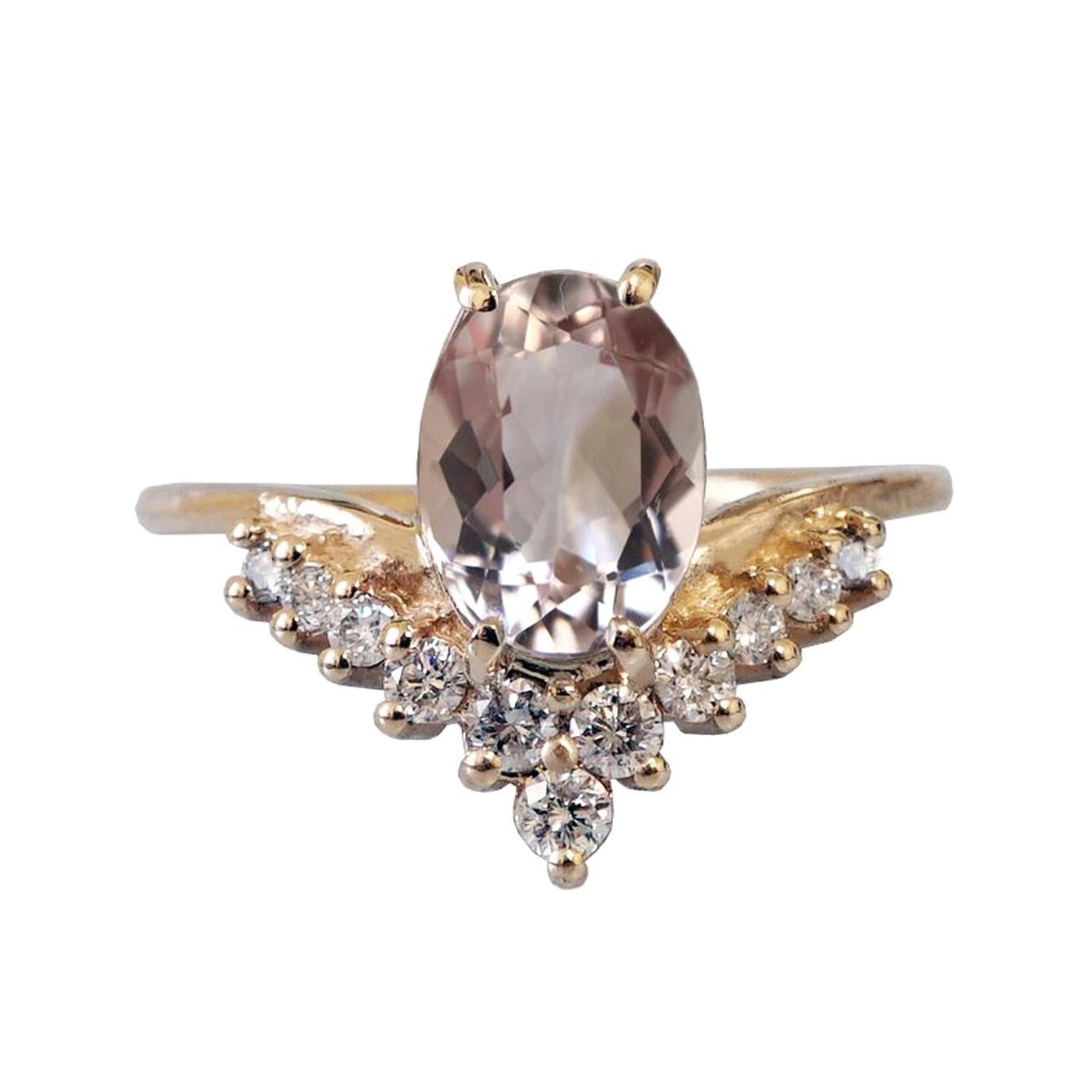 8x6MM Oval Morganite Diamond Yellow Gold Engagement Ring For Sale
