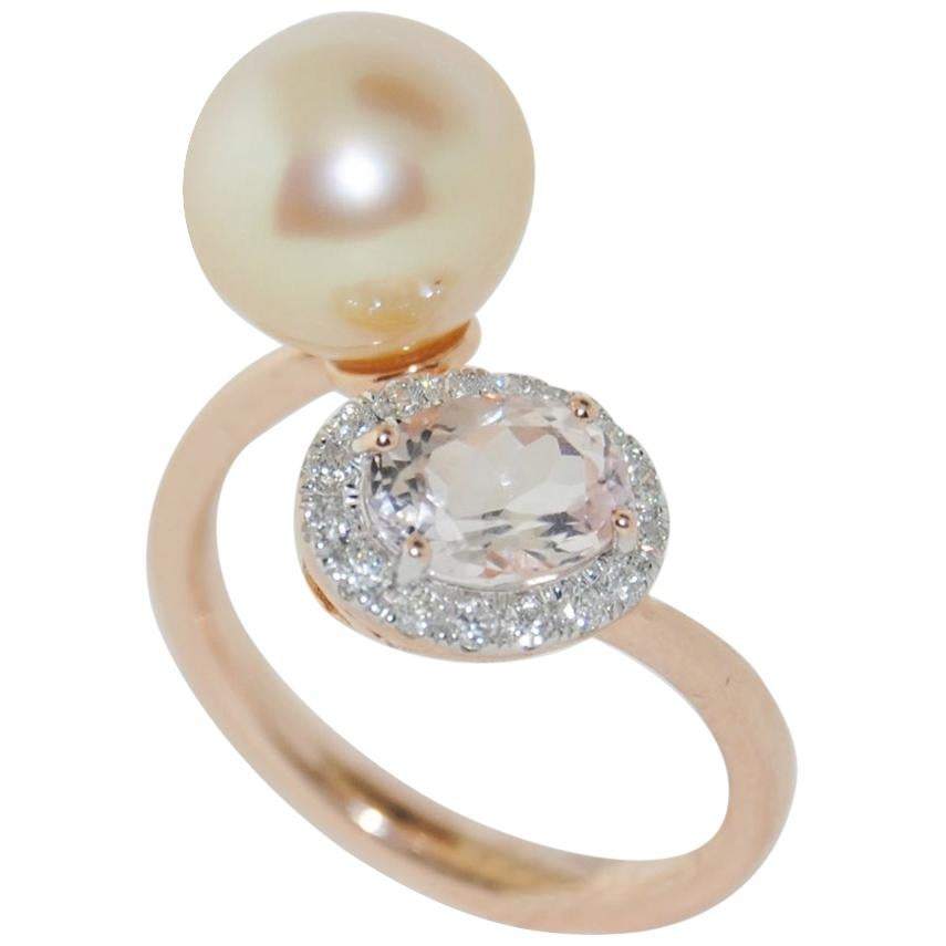 14 Karat Pearl and 0.97 Carat Morganite Diamond Ring For Sale