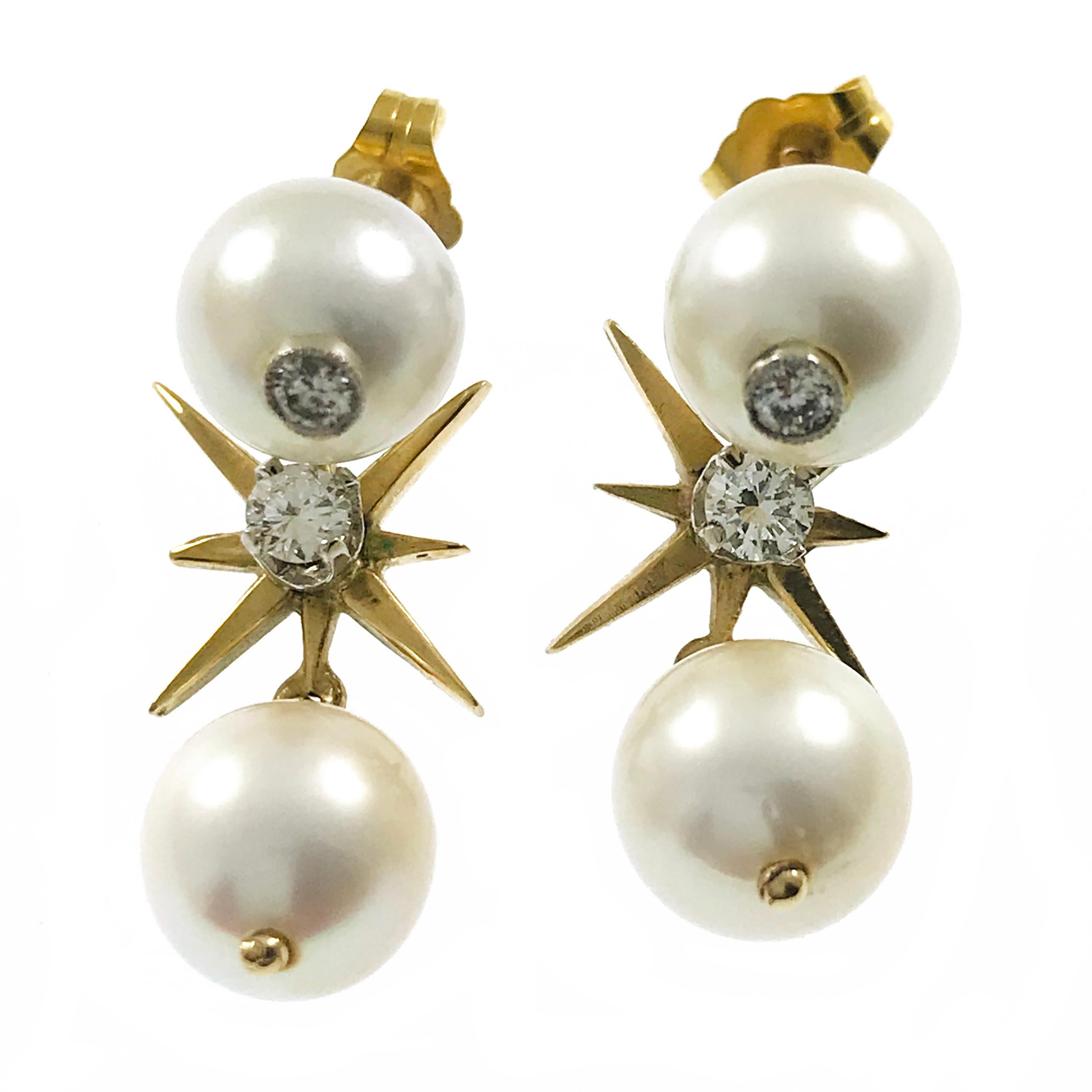 14 Karat Pearl Diamond Drop Earrings. These earrings consist of a Pearl stud with bezel-set Diamond and a gold six-point star with Diamond and Pearl. The four 8.5mm Pearls are A grade: white, pinkish; lightly blemished; good shape; good luster. The