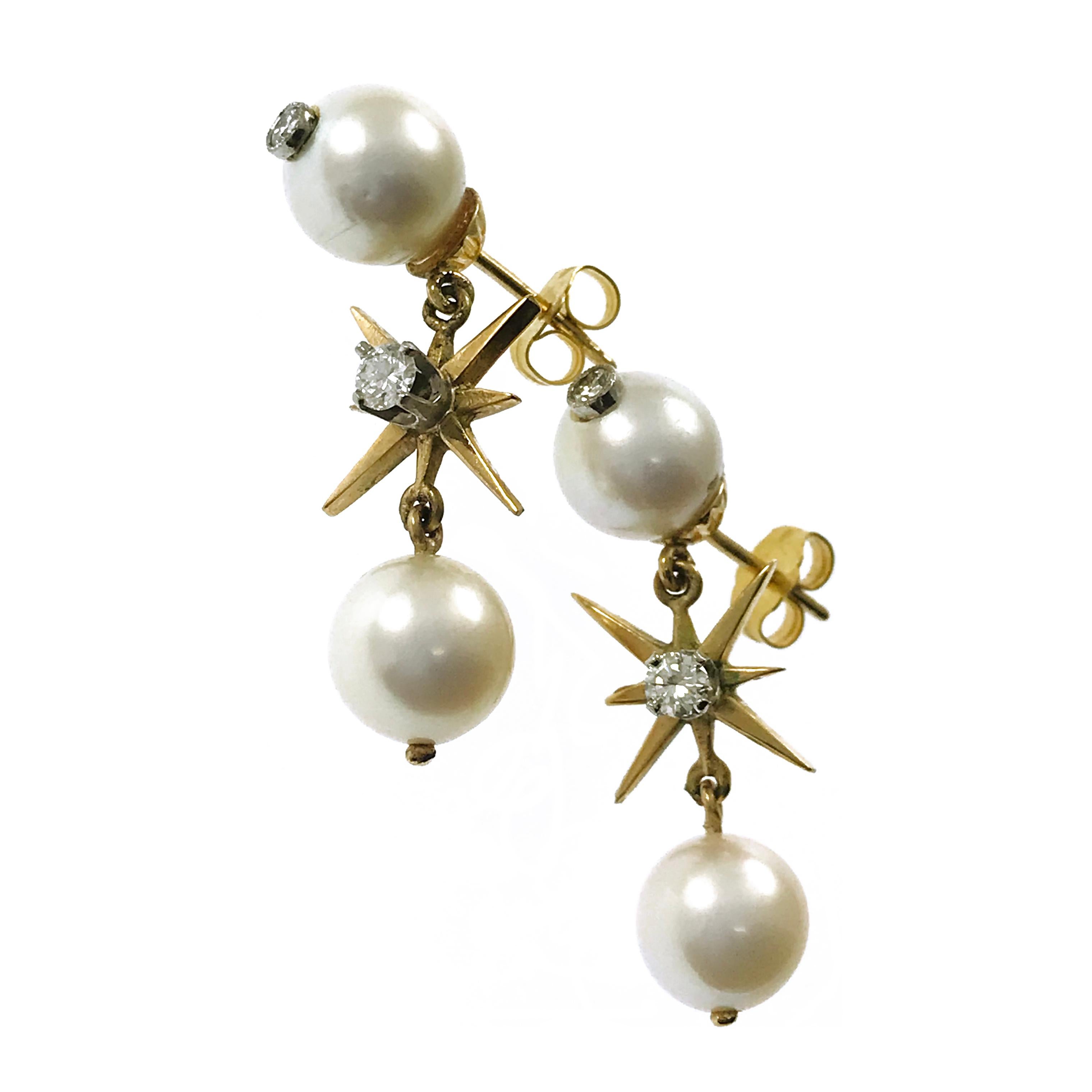 Retro 14 Karat Pearl Diamond Drop Earrings