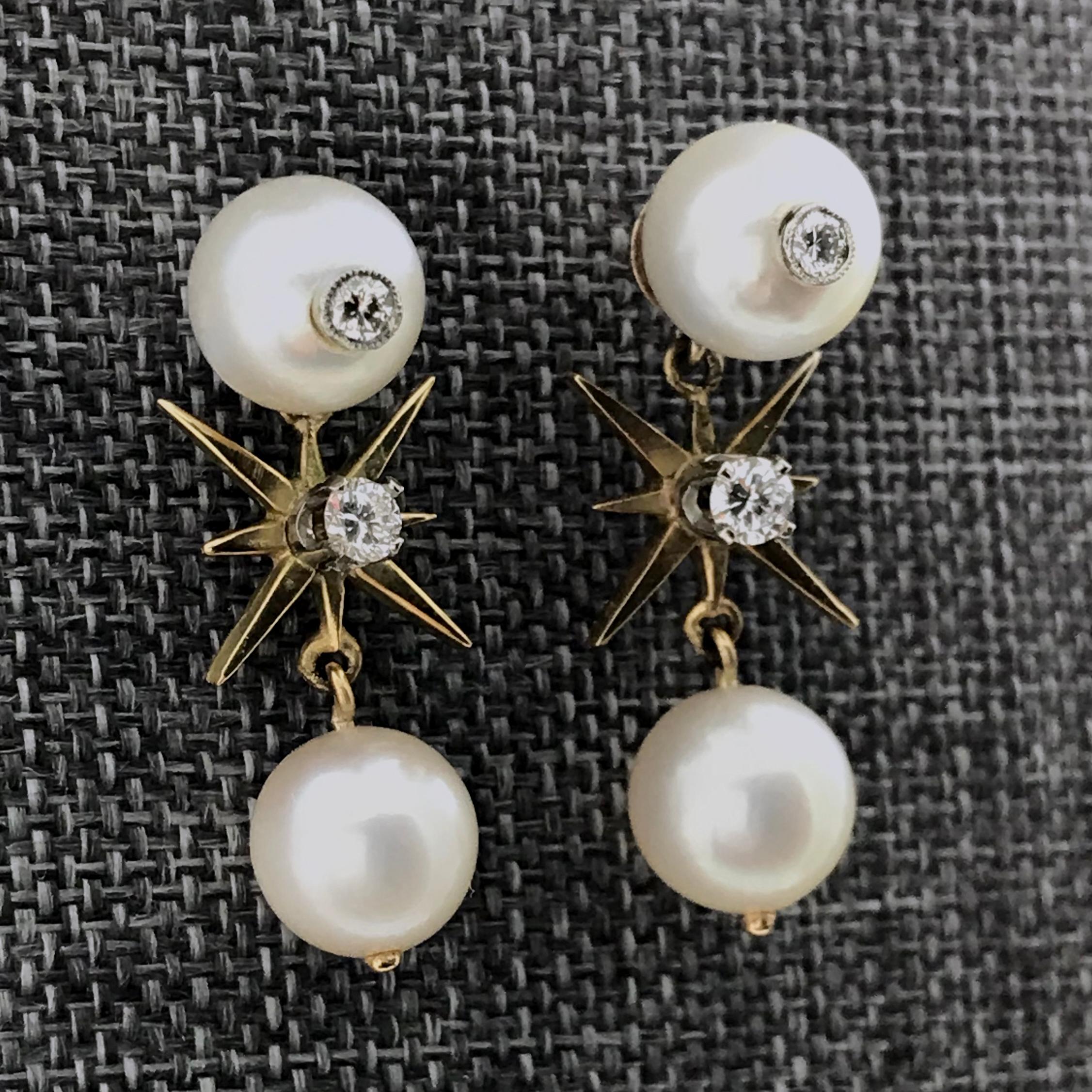 Women's or Men's 14 Karat Pearl Diamond Drop Earrings