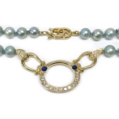 14K Yellow Gold Pearl Diamond Sapphire Necklace, 17" Long, USA