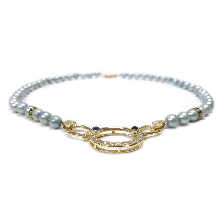 Contemporary 14 Karat Pearl Diamond Sapphire Necklace For Sale