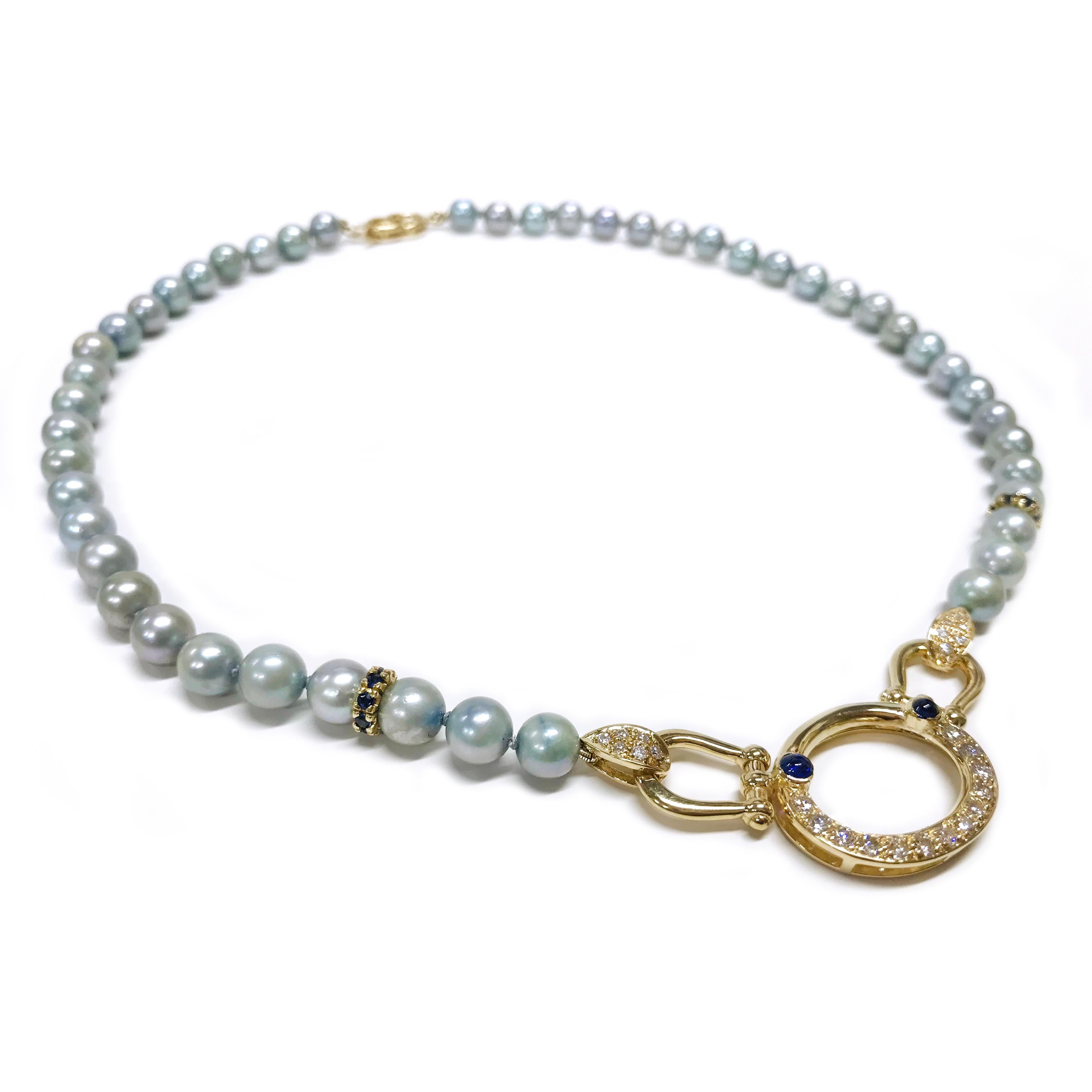 Round Cut 14 Karat Pearl Diamond Sapphire Necklace For Sale