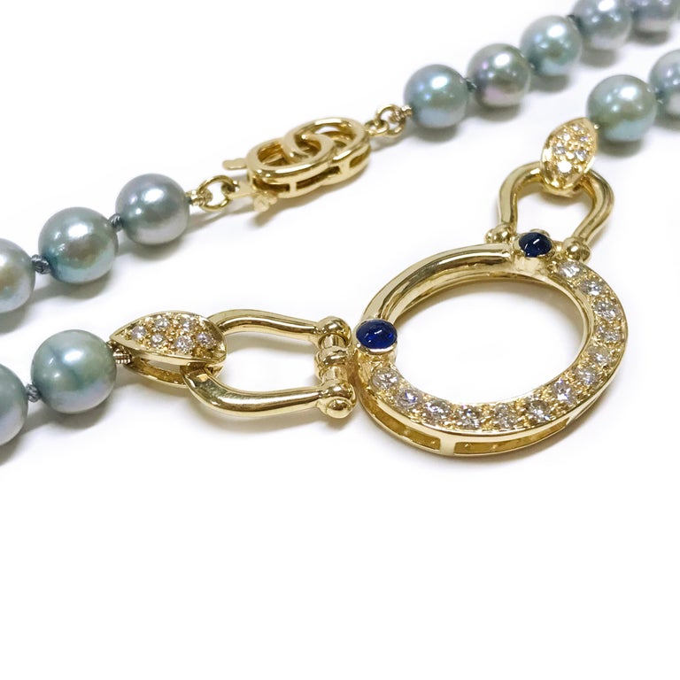 14 Karat Pearl Diamond Sapphire Necklace In Good Condition For Sale In Palm Desert, CA