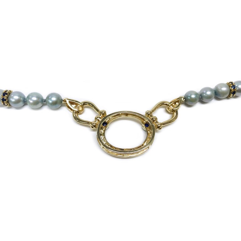 14 Karat Pearl Diamond Sapphire Necklace For Sale 1