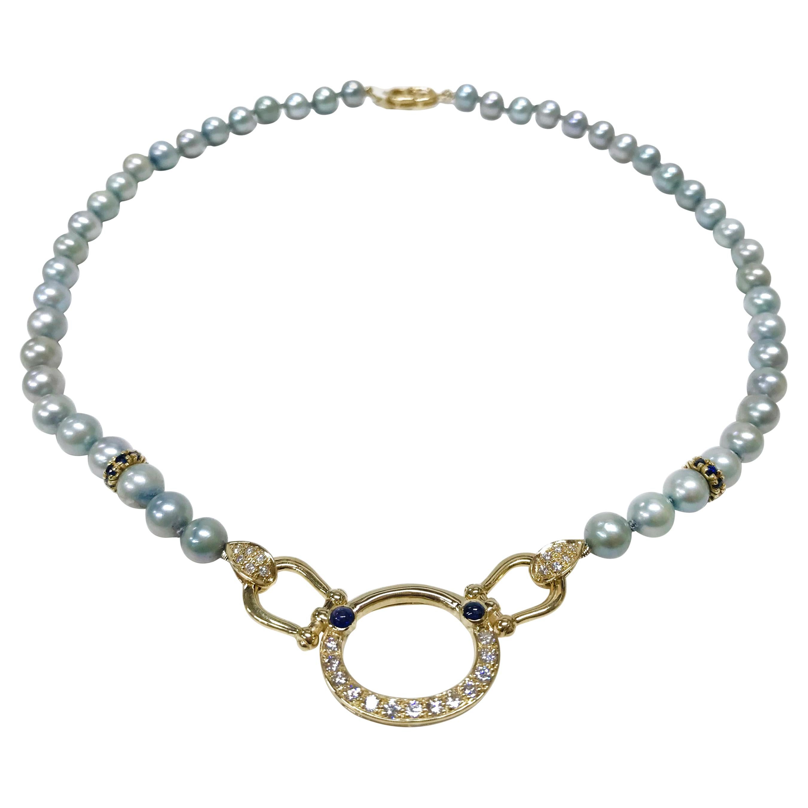 14 Karat Pearl Diamond Sapphire Necklace